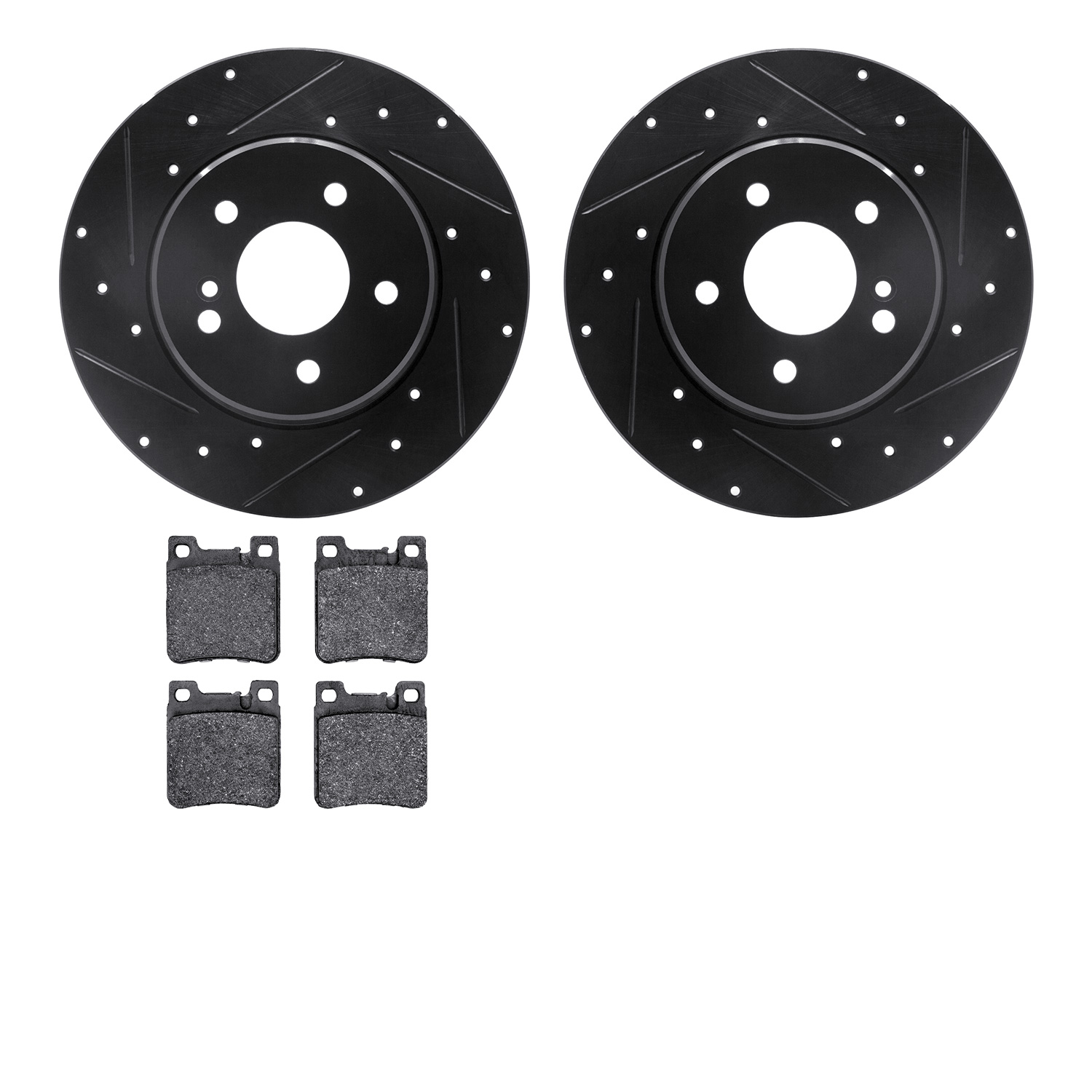 8302-63054 Drilled/Slotted Brake Rotors with 3000-Series Ceramic Brake Pads Kit [Black], 1994-2000 Mercedes-Benz, Position: Rear