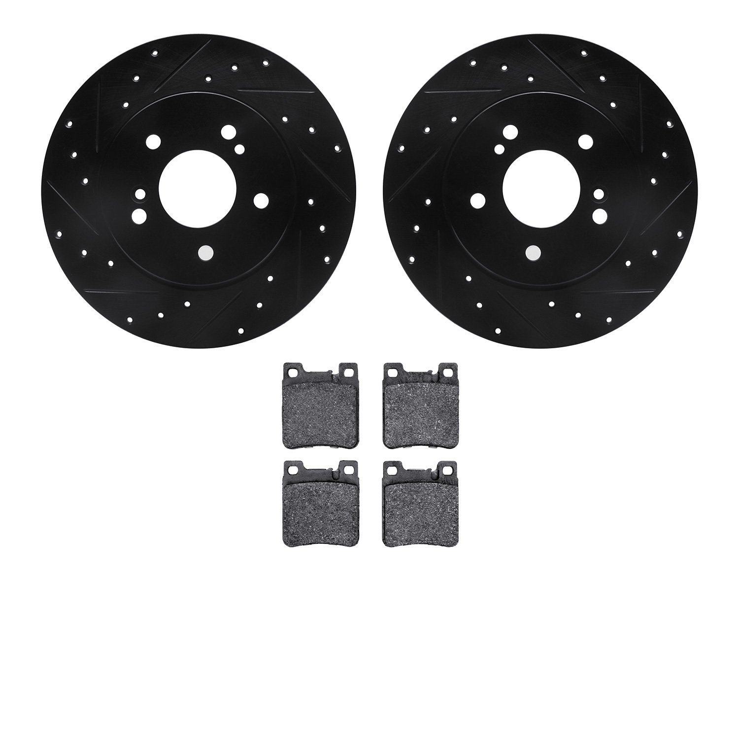 8302-63055 Drilled/Slotted Brake Rotors with 3000-Series Ceramic Brake Pads Kit [Black], 1996-1998 Mercedes-Benz, Position: Rear