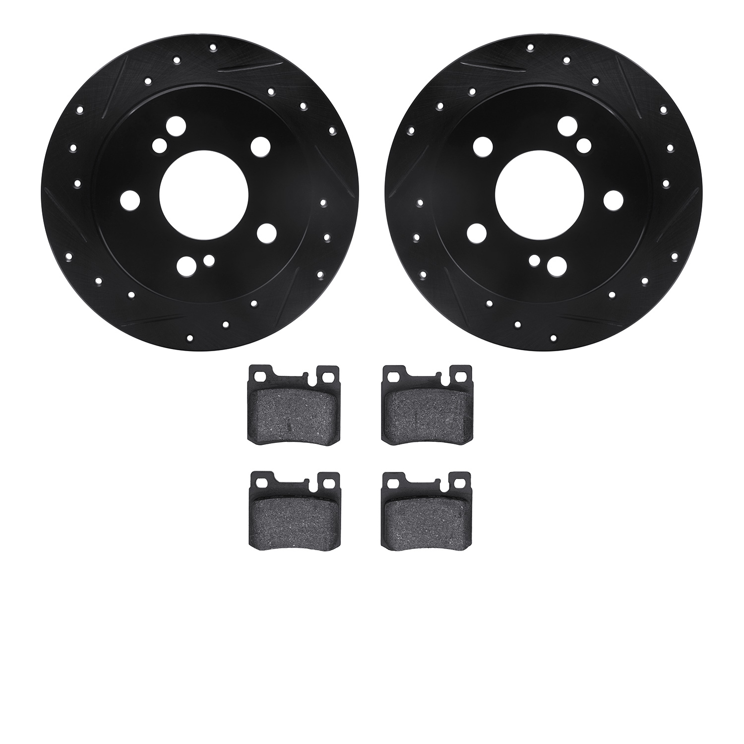8302-63057 Drilled/Slotted Brake Rotors with 3000-Series Ceramic Brake Pads Kit [Black], 1986-1993 Mercedes-Benz, Position: Rear