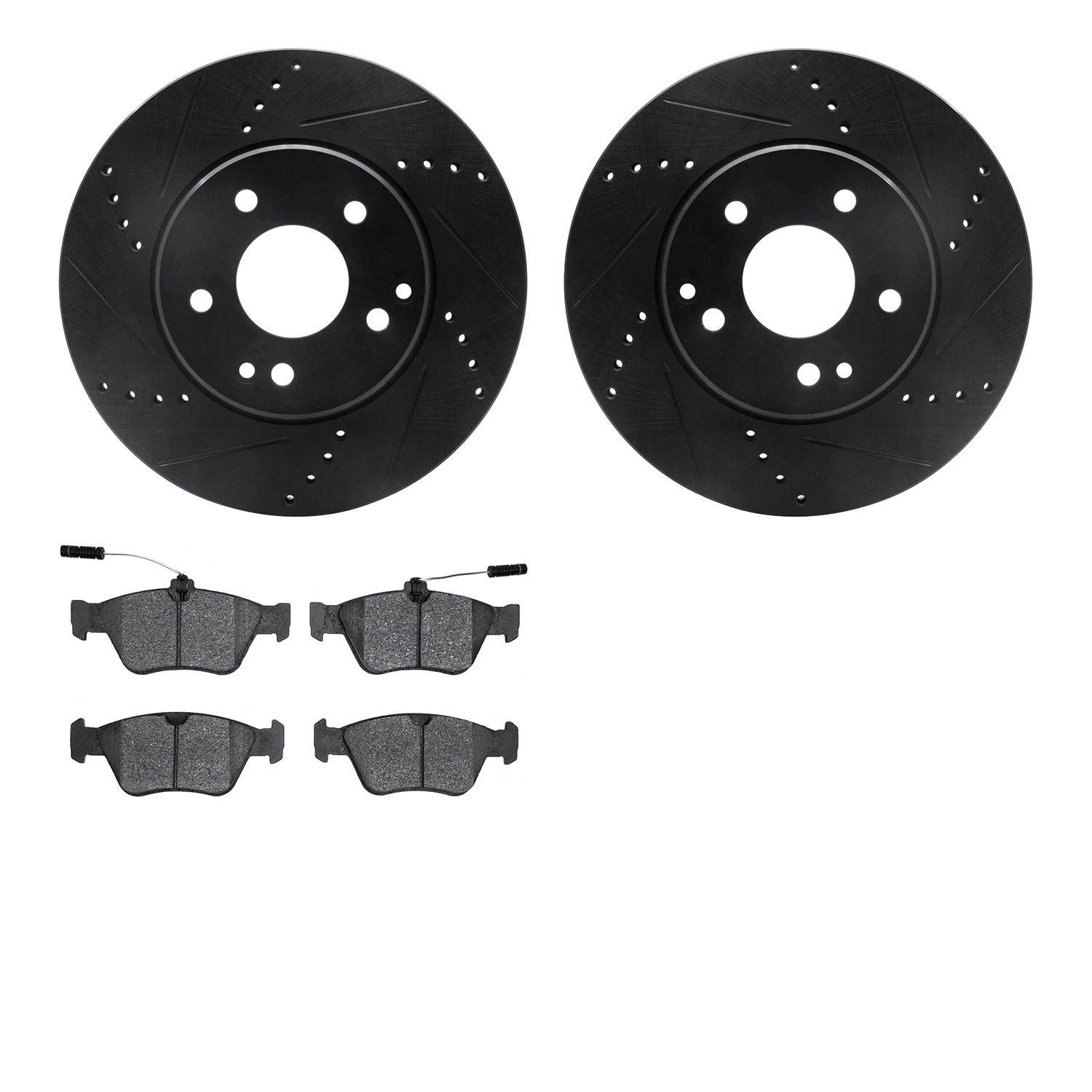 8302-63064 Drilled/Slotted Brake Rotors with 3000-Series Ceramic Brake Pads Kit [Black], 1996-2004 Mercedes-Benz, Position: Fron