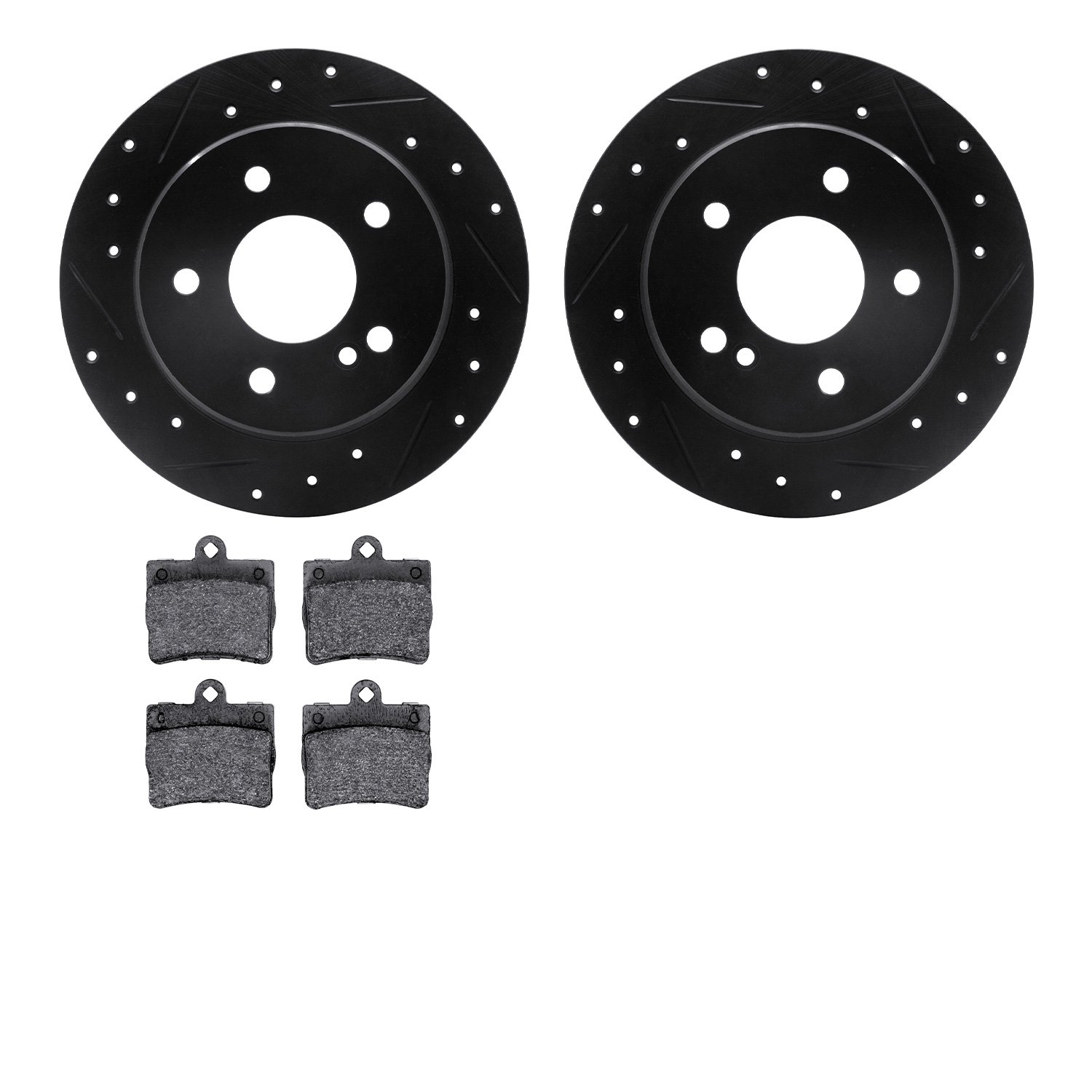8302-63065 Drilled/Slotted Brake Rotors with 3000-Series Ceramic Brake Pads Kit [Black], 1994-1998 Mercedes-Benz, Position: Rear