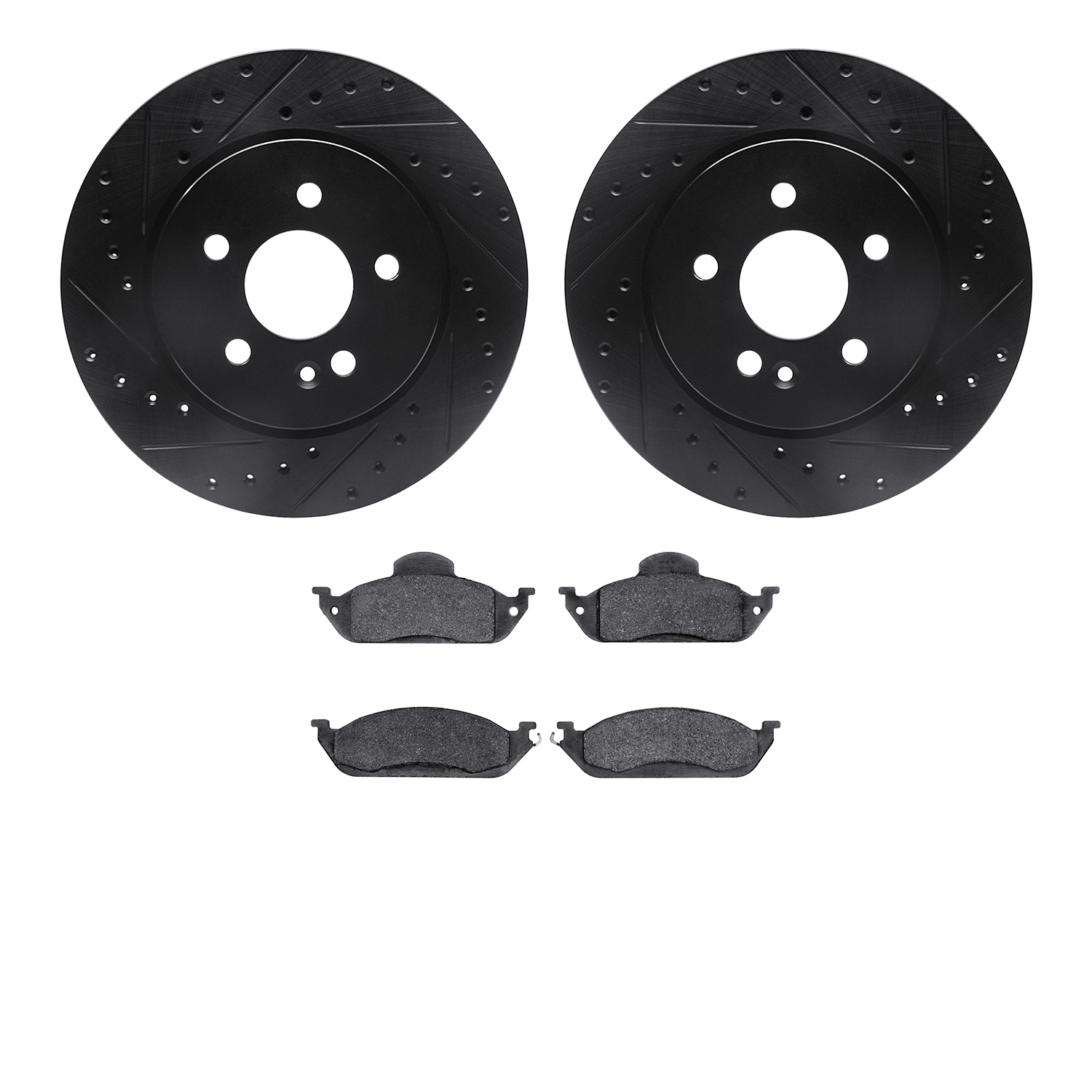 8302-63067 Drilled/Slotted Brake Rotors with 3000-Series Ceramic Brake Pads Kit [Black], 1998-2005 Mercedes-Benz, Position: Fron