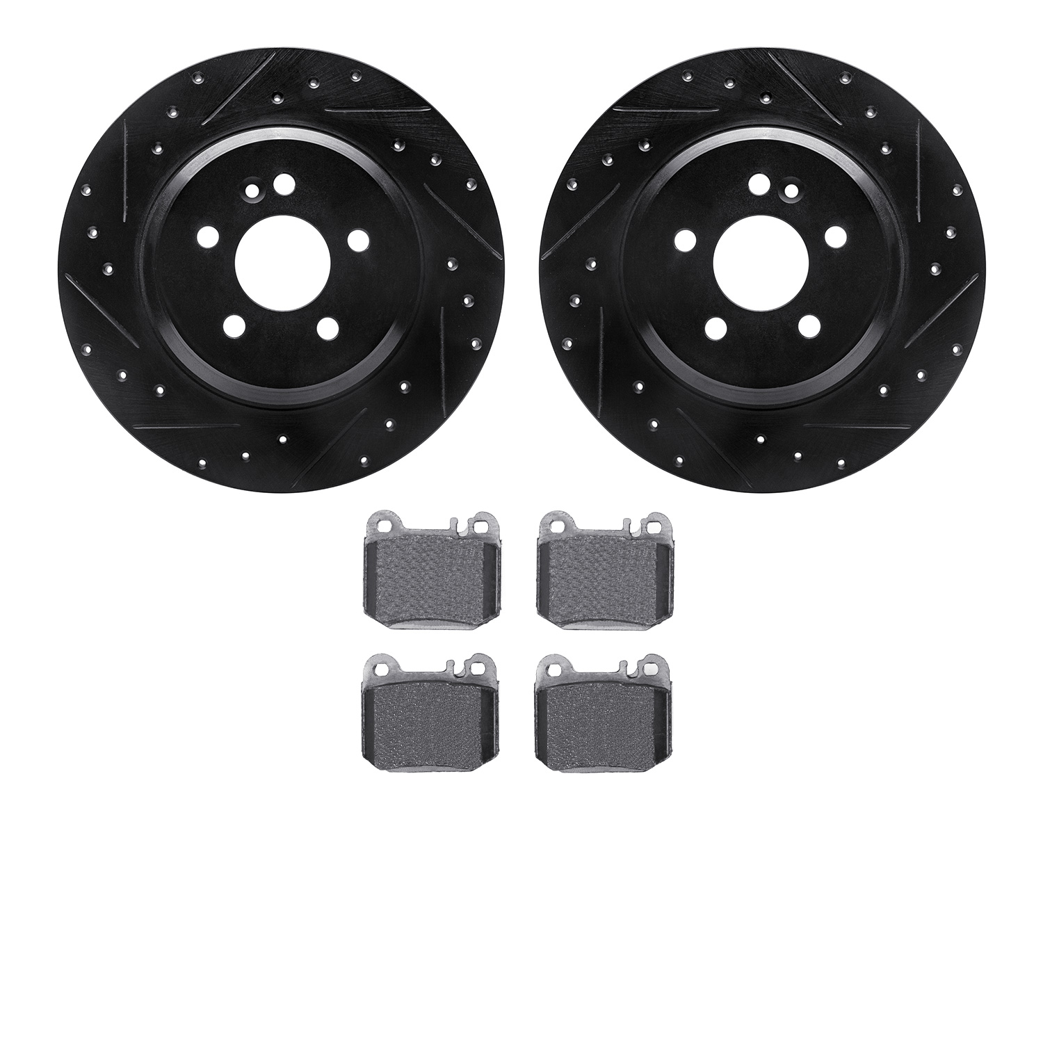 8302-63083 Drilled/Slotted Brake Rotors with 3000-Series Ceramic Brake Pads Kit [Black], 2000-2005 Mercedes-Benz, Position: Rear