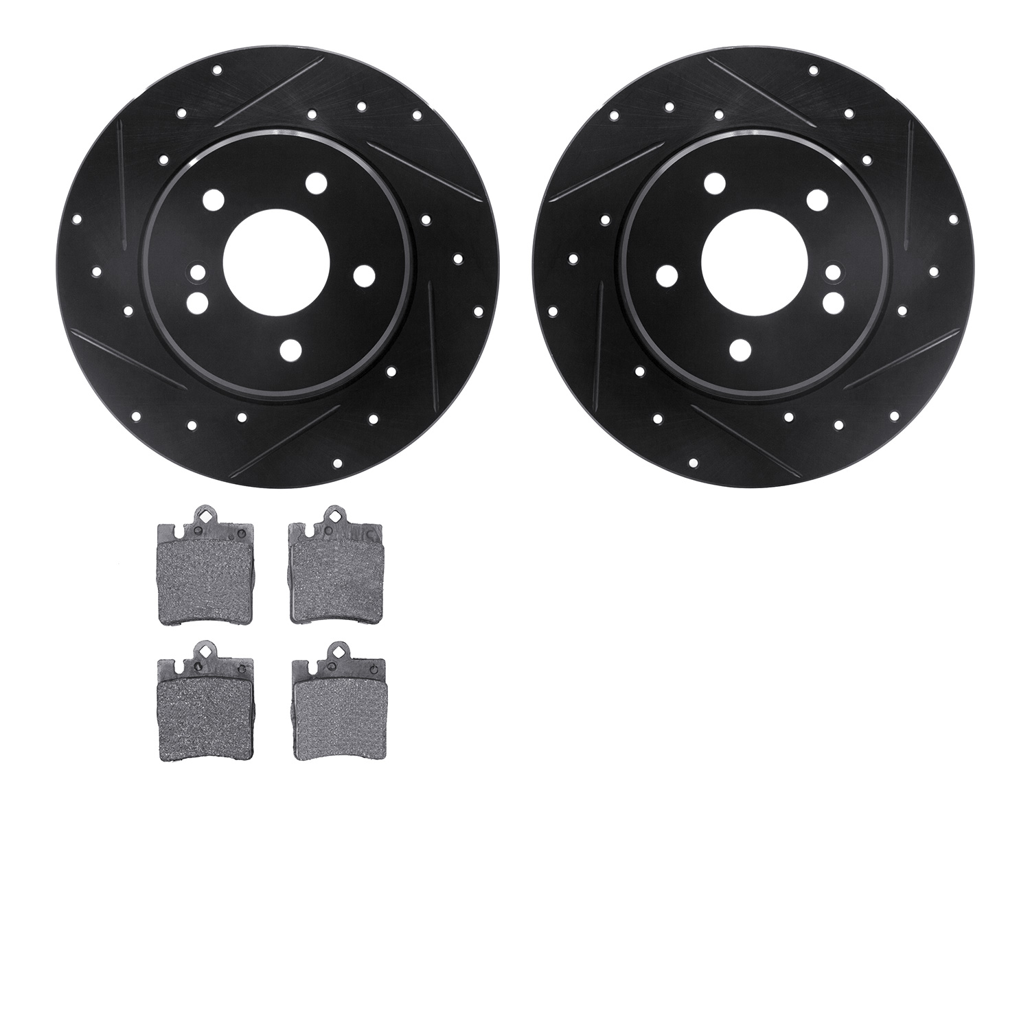 8302-63085 Drilled/Slotted Brake Rotors with 3000-Series Ceramic Brake Pads Kit [Black], 1996-2011 Mercedes-Benz, Position: Rear