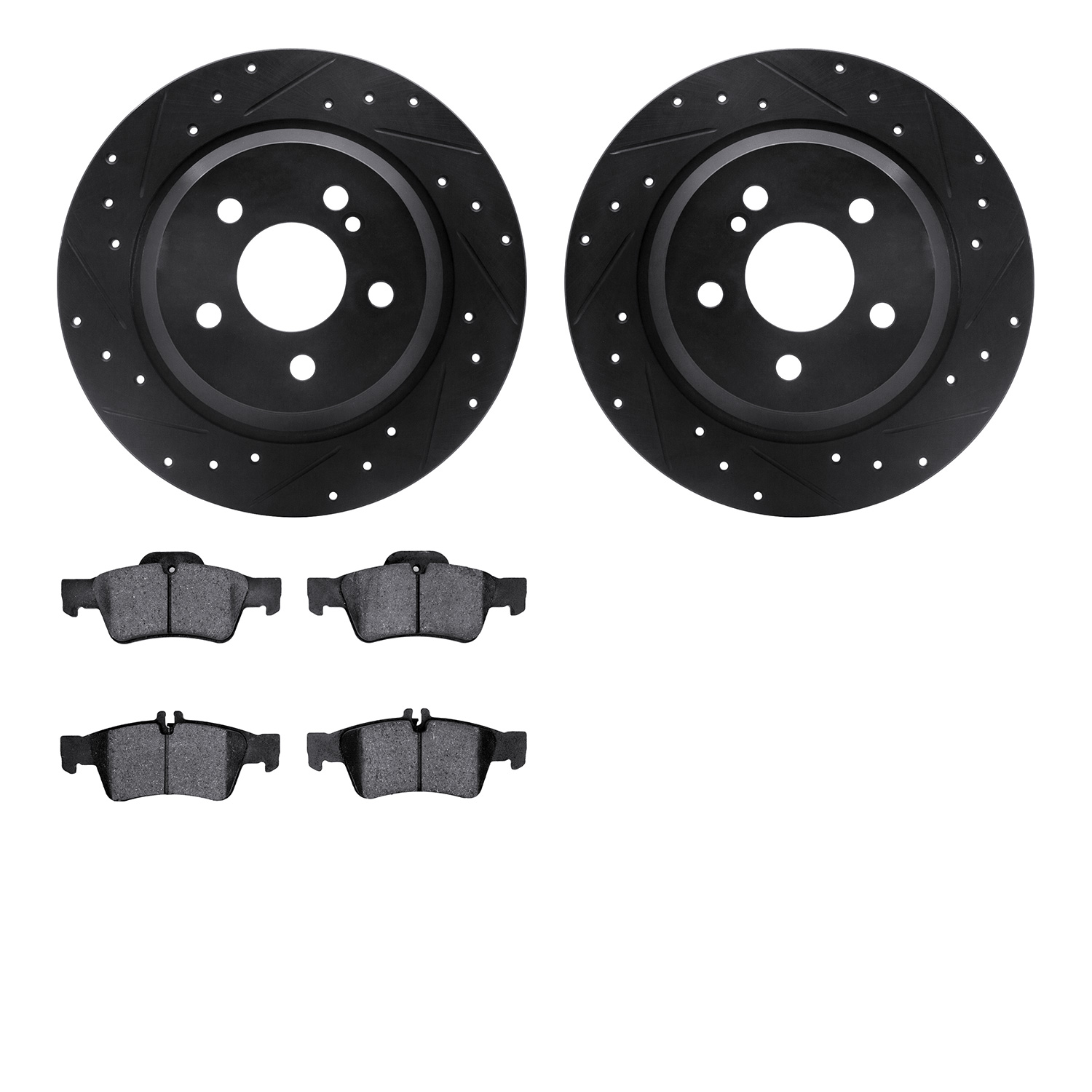 8302-63098 Drilled/Slotted Brake Rotors with 3000-Series Ceramic Brake Pads Kit [Black], 2003-2006 Mercedes-Benz, Position: Rear