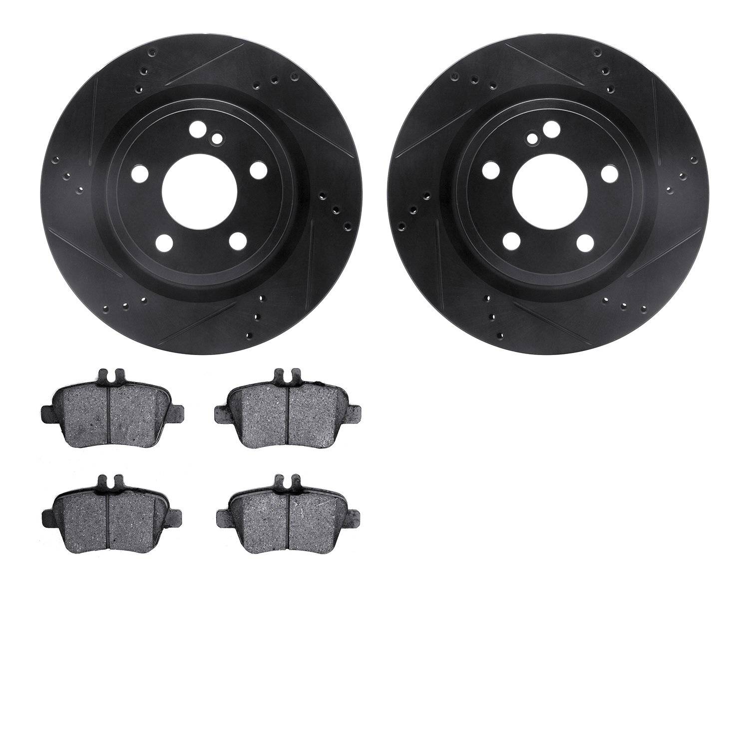 8302-63137 Drilled/Slotted Brake Rotors with 3000-Series Ceramic Brake Pads Kit [Black], 2014-2019 Mercedes-Benz, Position: Rear