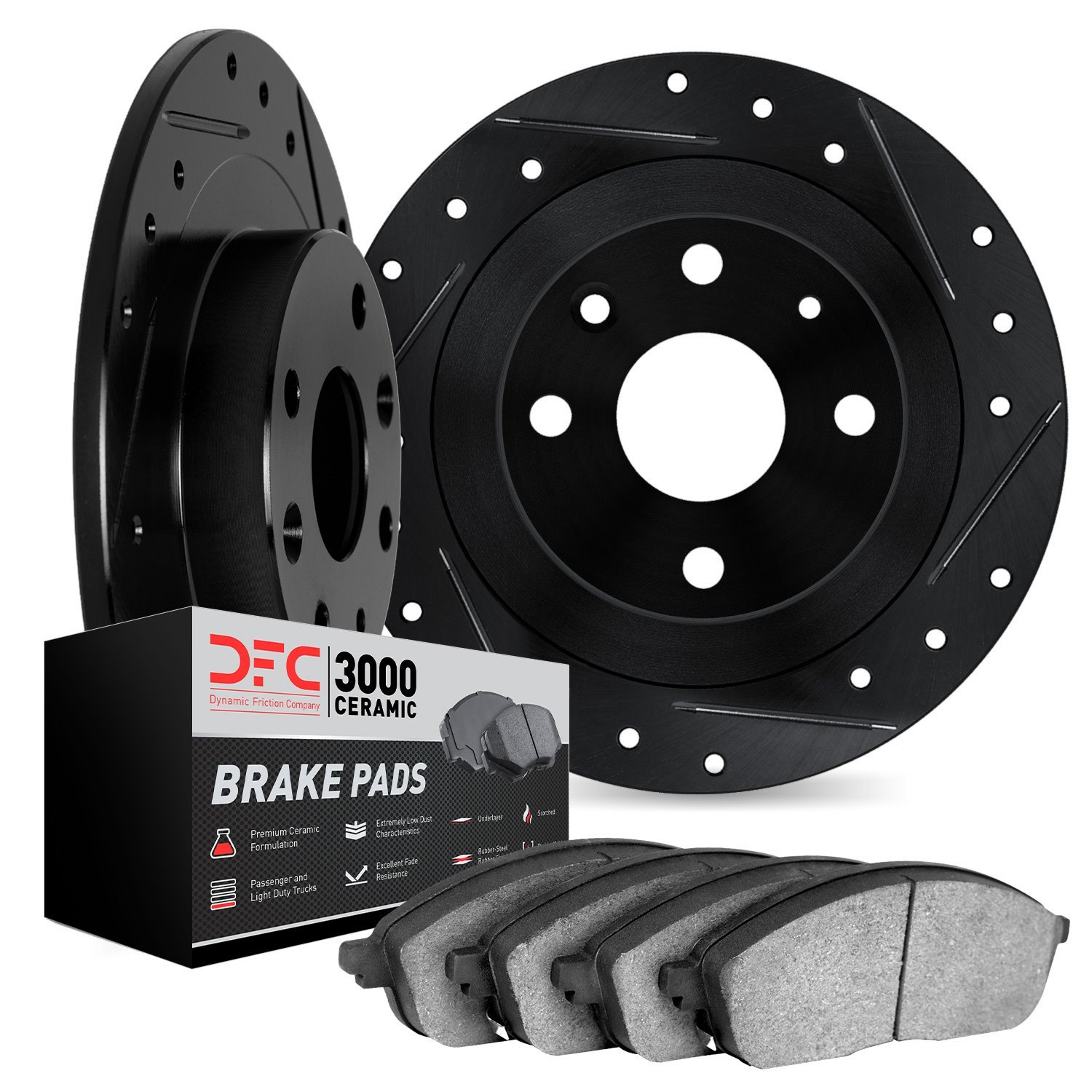 8302-65004 Drilled/Slotted Brake Rotors with 3000-Series Ceramic Brake Pads Kit [Black], 1969-1987 GM, Position: Rear