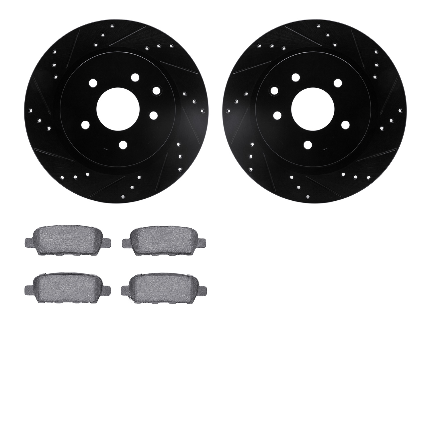 8302-67100 Drilled/Slotted Brake Rotors with 3000-Series Ceramic Brake Pads Kit [Black], 2005-2021 Infiniti/Nissan, Position: Re