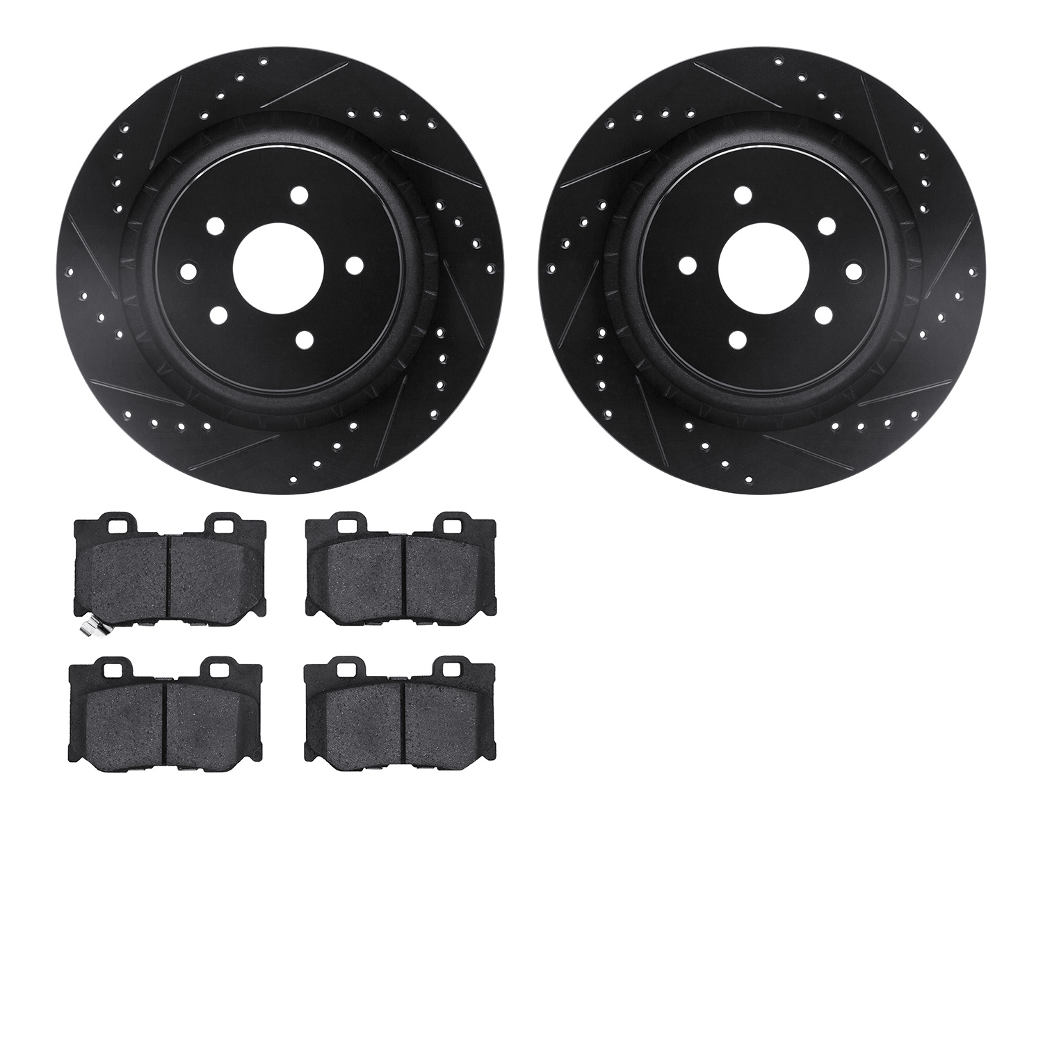 8302-68016 Drilled/Slotted Brake Rotors with 3000-Series Ceramic Brake Pads Kit [Black], 2008-2020 Infiniti/Nissan, Position: Re