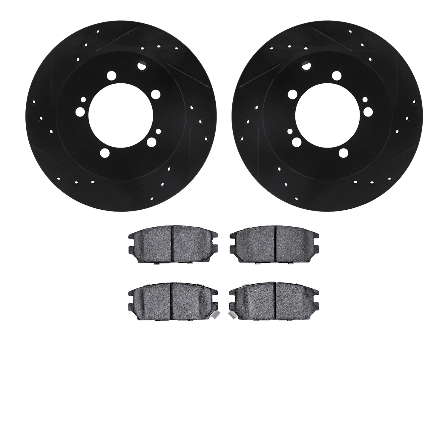 8302-72051 Drilled/Slotted Brake Rotors with 3000-Series Ceramic Brake Pads Kit [Black], 1992-1996 Mitsubishi, Position: Rear