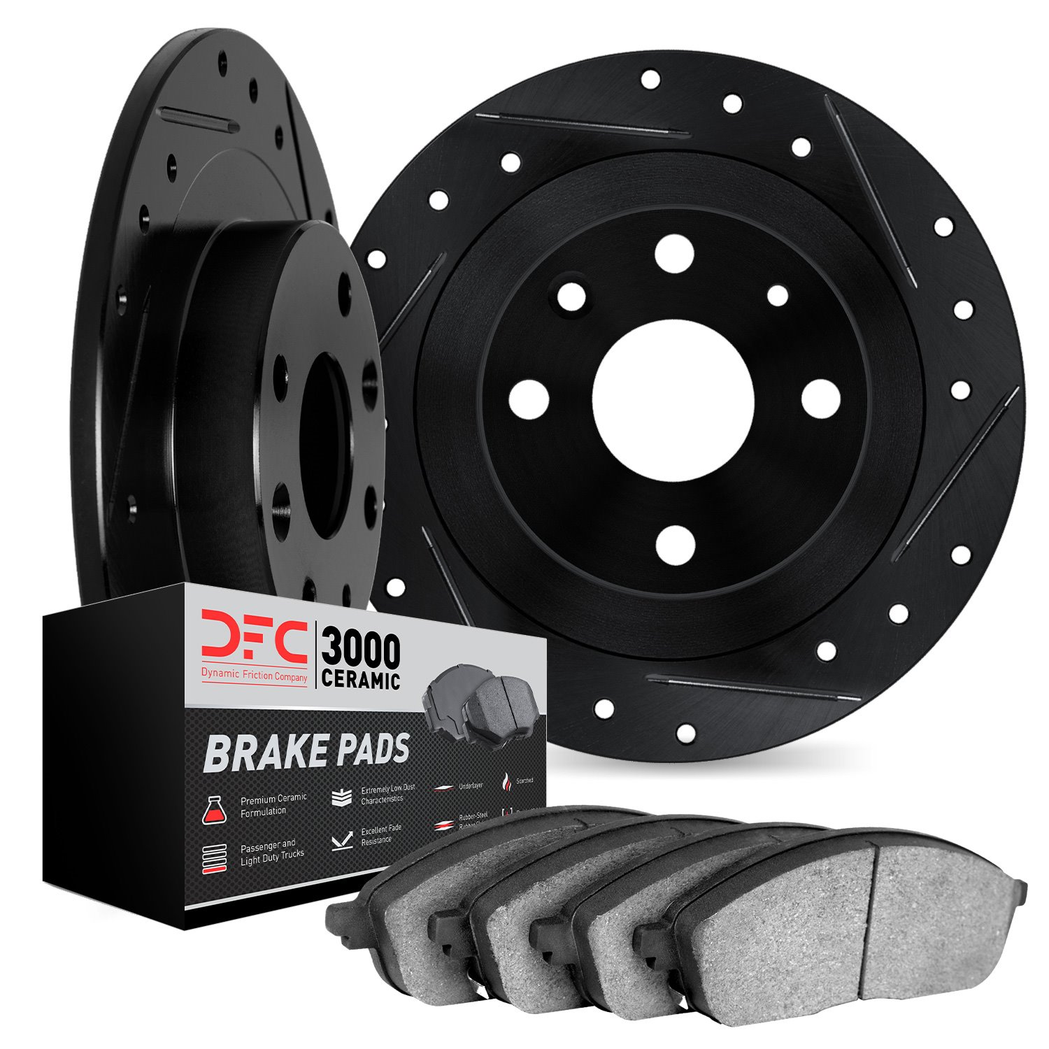 8302-92027 Drilled/Slotted Brake Rotors with 3000-Series Ceramic Brake Pads Kit [Black], 2007-2015 Lexus/Toyota/Scion, Position: