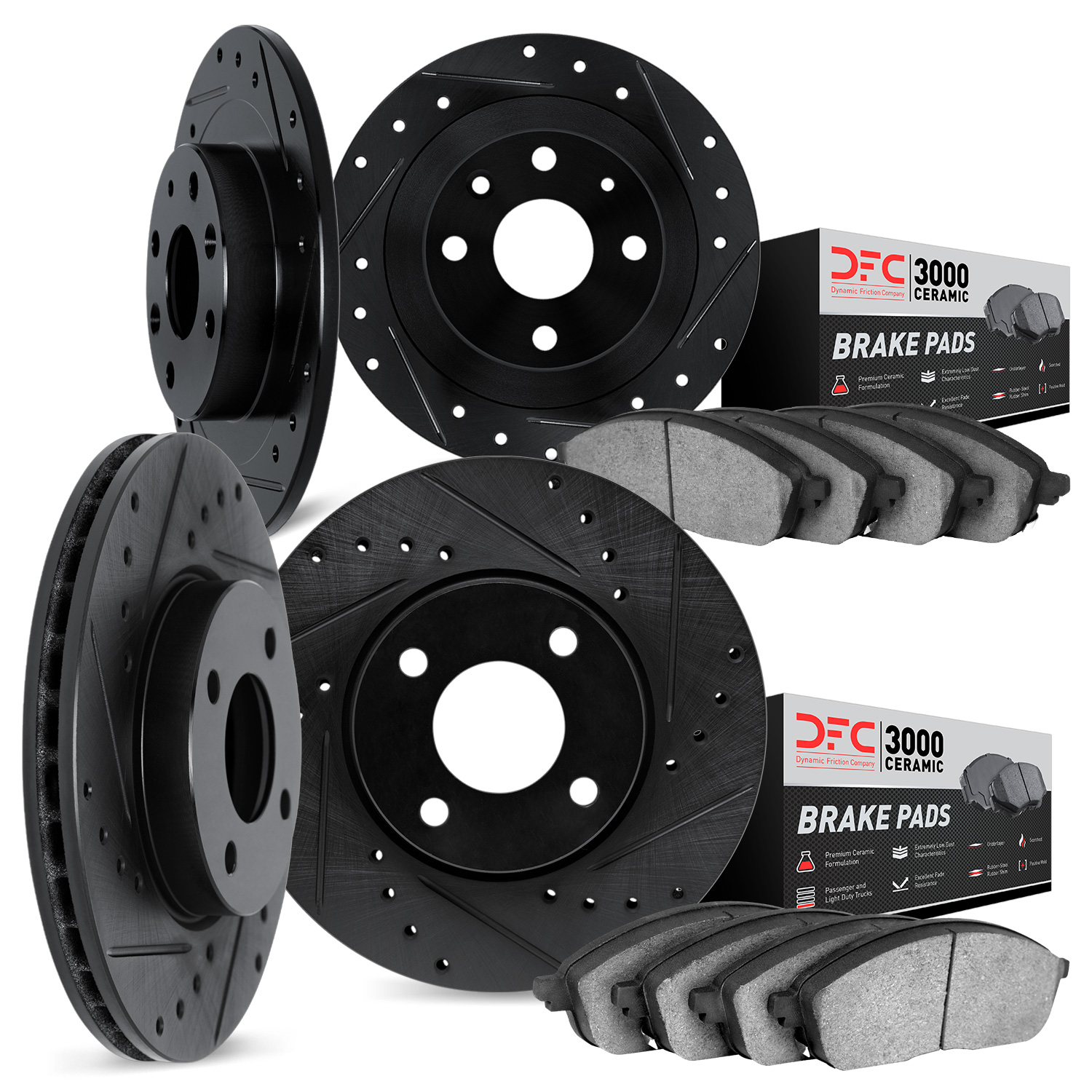 8304-01002 Drilled/Slotted Brake Rotors with 3000-Series Ceramic Brake Pads Kit [Black], 2006-2009 GM, Position: Front and Rear