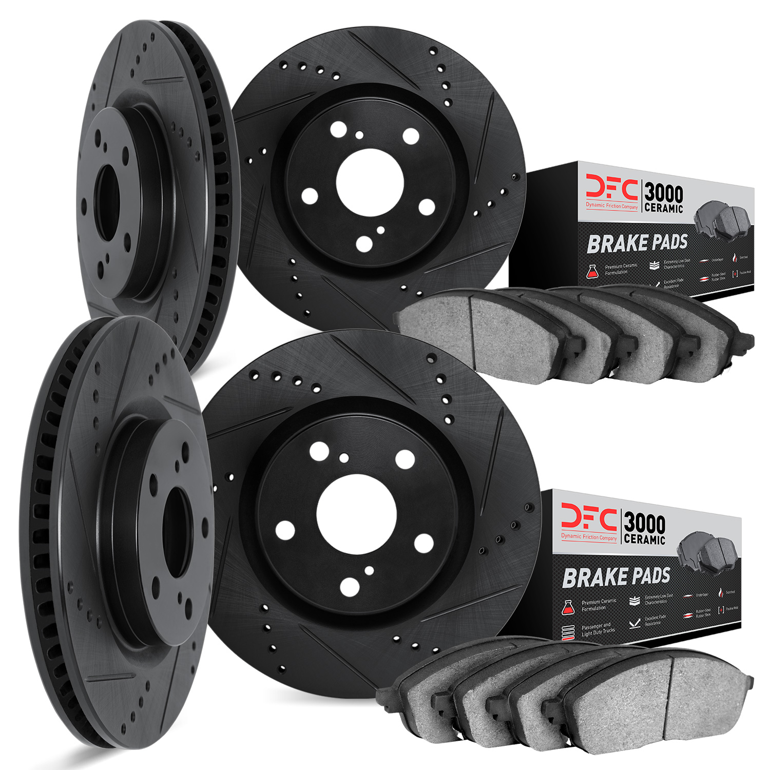 8304-11008 Drilled/Slotted Brake Rotors with 3000-Series Ceramic Brake Pads Kit [Black], 2005-2009 Land Rover, Position: Front a