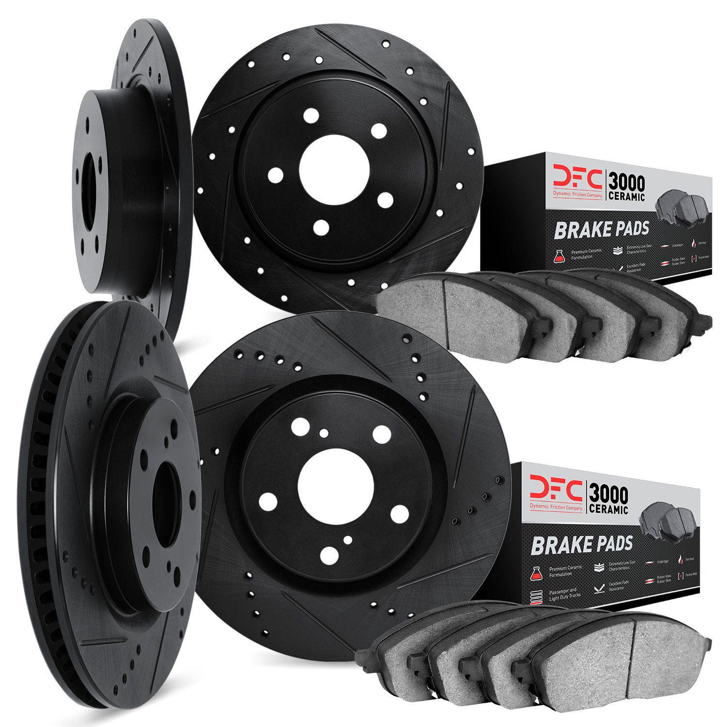 8304-13018 Drilled/Slotted Brake Rotors with 3000-Series Ceramic Brake Pads Kit [Black], 2003-2007 GM, Position: Front and Rear