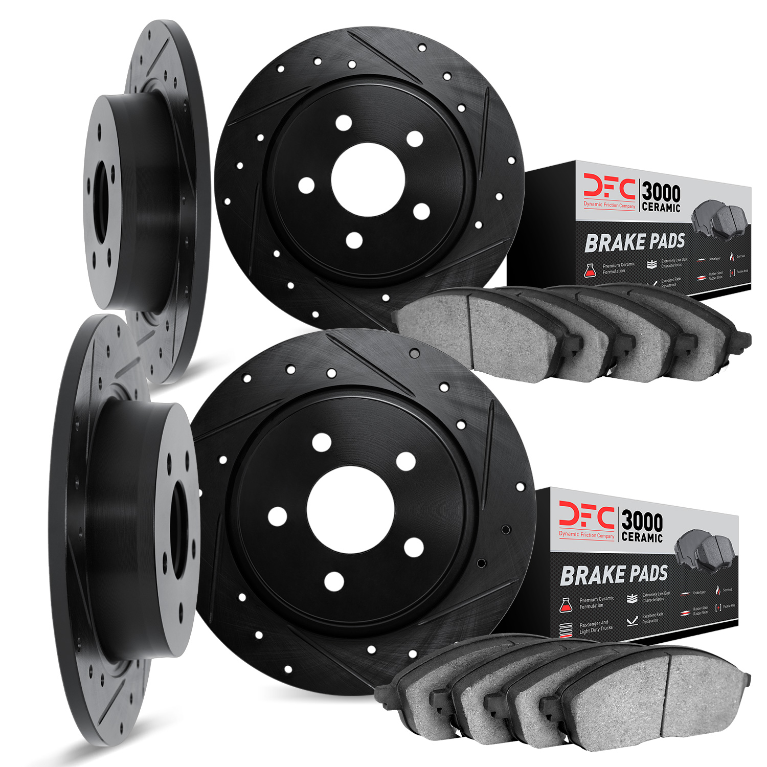 8304-27008 Drilled/Slotted Brake Rotors with 3000-Series Ceramic Brake Pads Kit [Black], 1975-1987 Volvo, Position: Front and Re