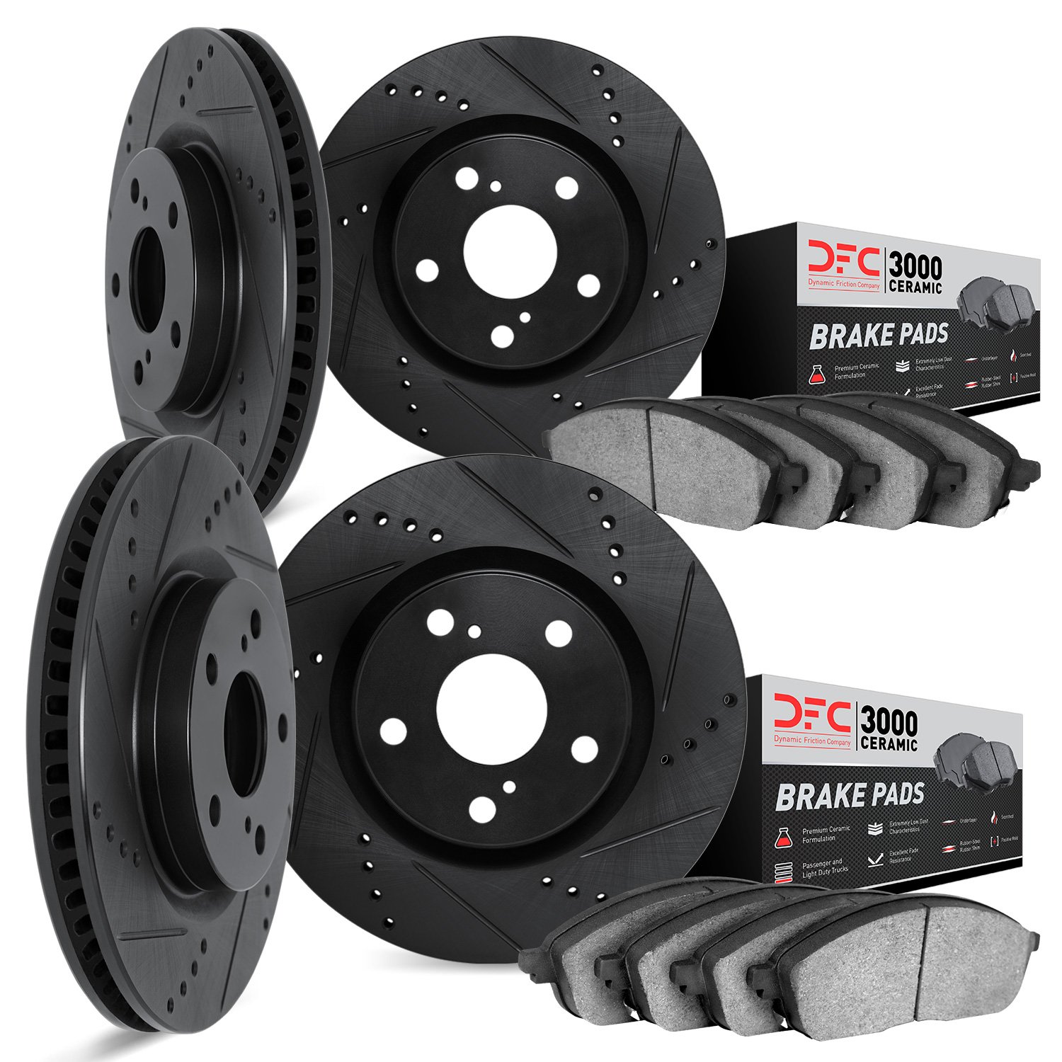 8304-31027 Drilled/Slotted Brake Rotors with 3000-Series Ceramic Brake Pads Kit [Black], 1996-2005 BMW, Position: Front and Rear