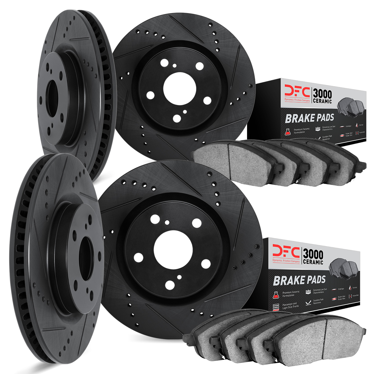 8304-31041 Drilled/Slotted Brake Rotors with 3000-Series Ceramic Brake Pads Kit [Black], 2004-2006 BMW, Position: Front and Rear