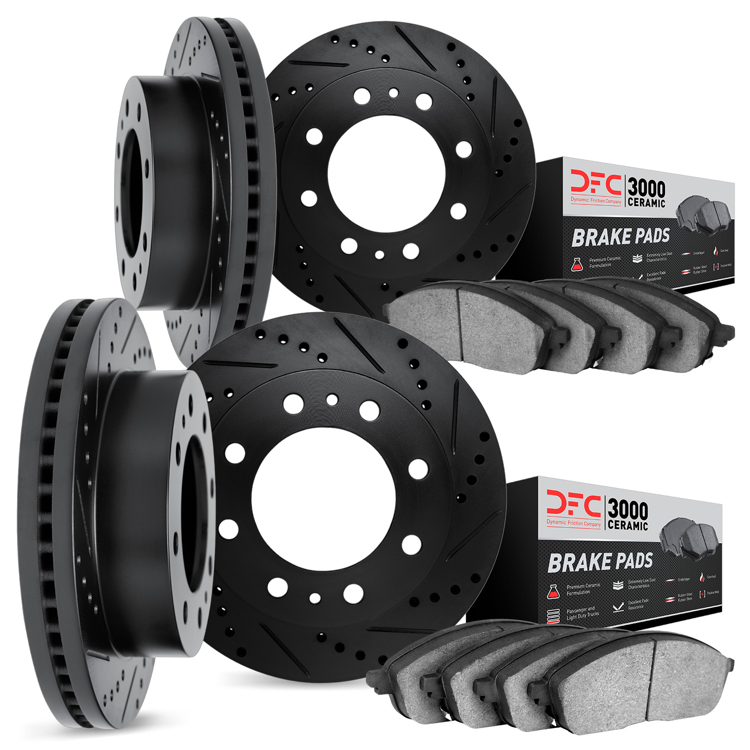 8304-46014 Drilled/Slotted Brake Rotors with 3000-Series Ceramic Brake Pads Kit [Black], 2006-2011 GM, Position: Front and Rear