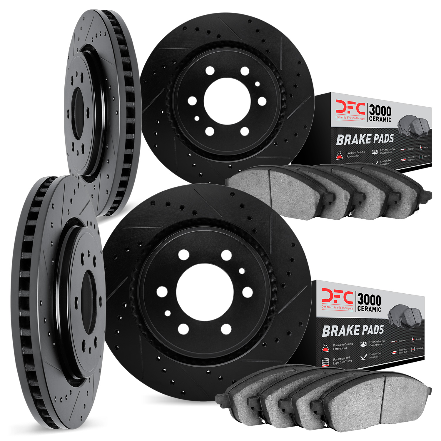 8304-46028 Drilled/Slotted Brake Rotors with 3000-Series Ceramic Brake Pads Kit [Black], 2004-2011 GM, Position: Front and Rear