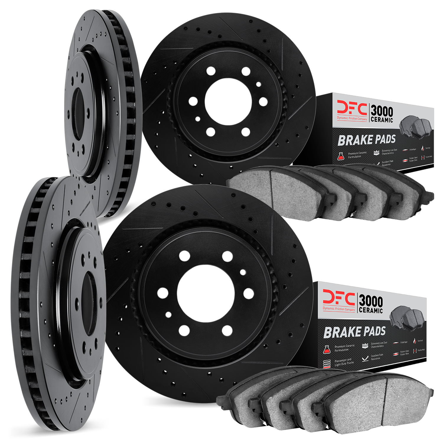 8304-46033 Drilled/Slotted Brake Rotors with 3000-Series Ceramic Brake Pads Kit [Black], 2004-2009 GM, Position: Front and Rear