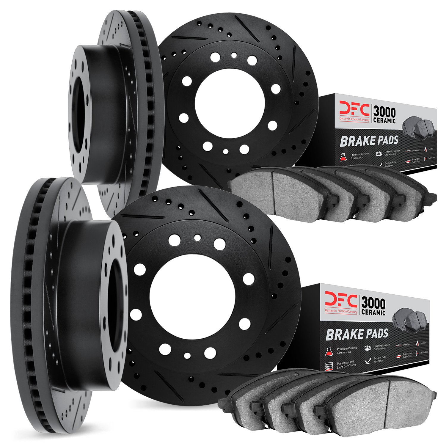 8304-48005 Drilled/Slotted Brake Rotors with 3000-Series Ceramic Brake Pads Kit [Black], 1999-2013 GM, Position: Front and Rear