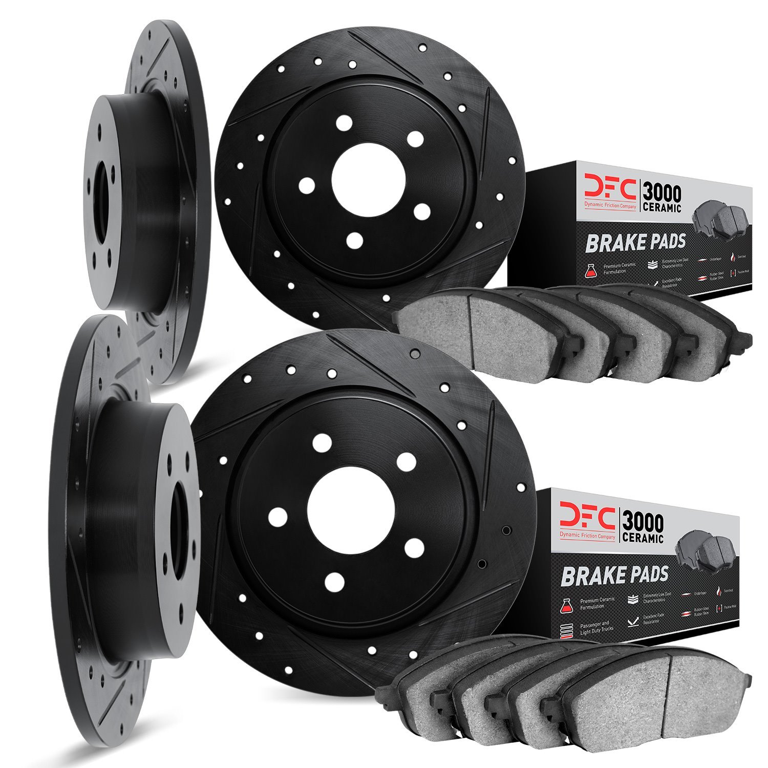 8304-52001 Drilled/Slotted Brake Rotors with 3000-Series Ceramic Brake Pads Kit [Black], 1984-1987 GM, Position: Front and Rear