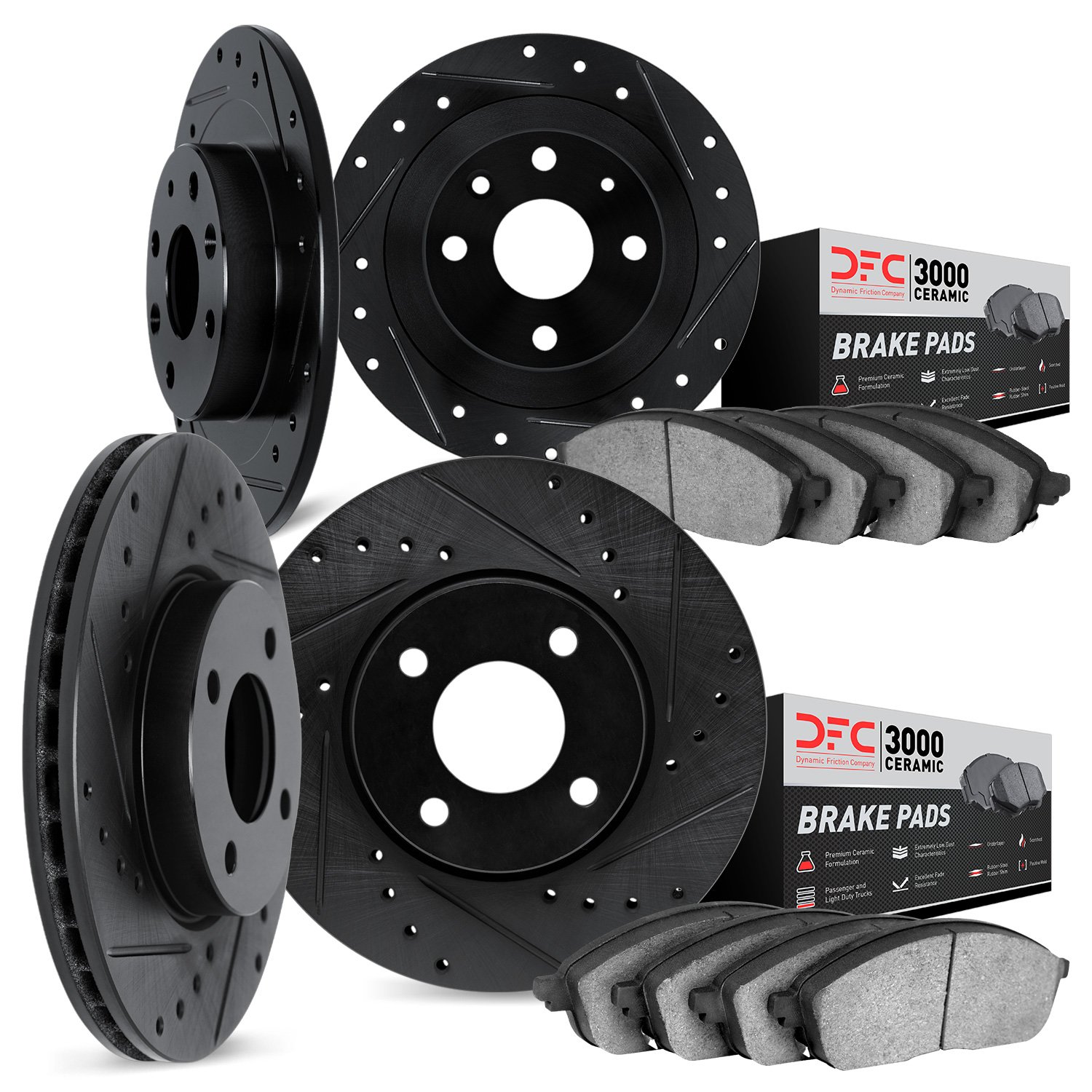 8304-59010 Drilled/Slotted Brake Rotors with 3000-Series Ceramic Brake Pads Kit [Black], 1990-1993 Acura/Honda, Position: Front