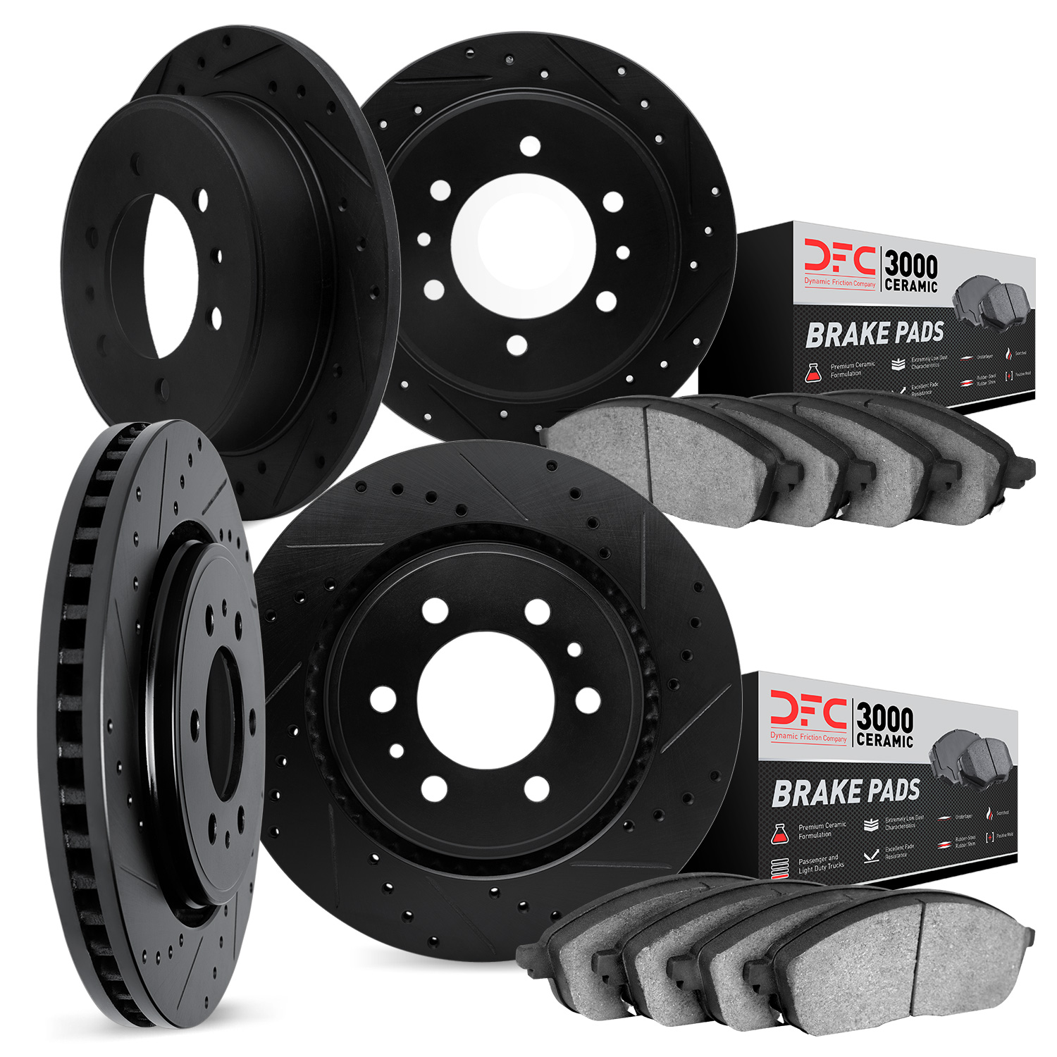 8304-93001 Drilled/Slotted Brake Rotors with 3000-Series Ceramic Brake Pads Kit [Black], 2006-2010 GM, Position: Front and Rear