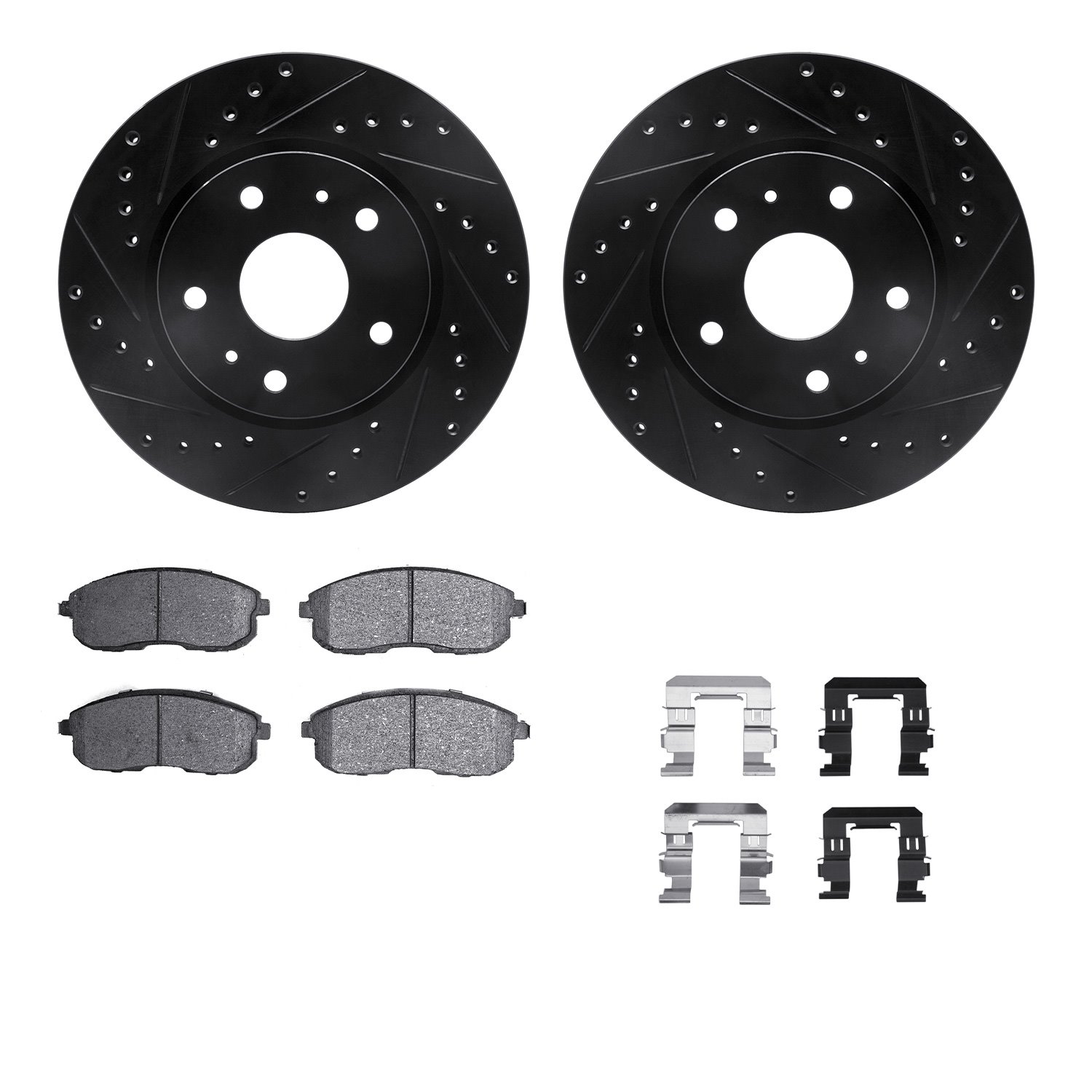 8312-01011 Drilled/Slotted Brake Rotors with 3000-Series Ceramic Brake Pads Kit & Hardware [Black], 2007-2014 Suzuki, Position: