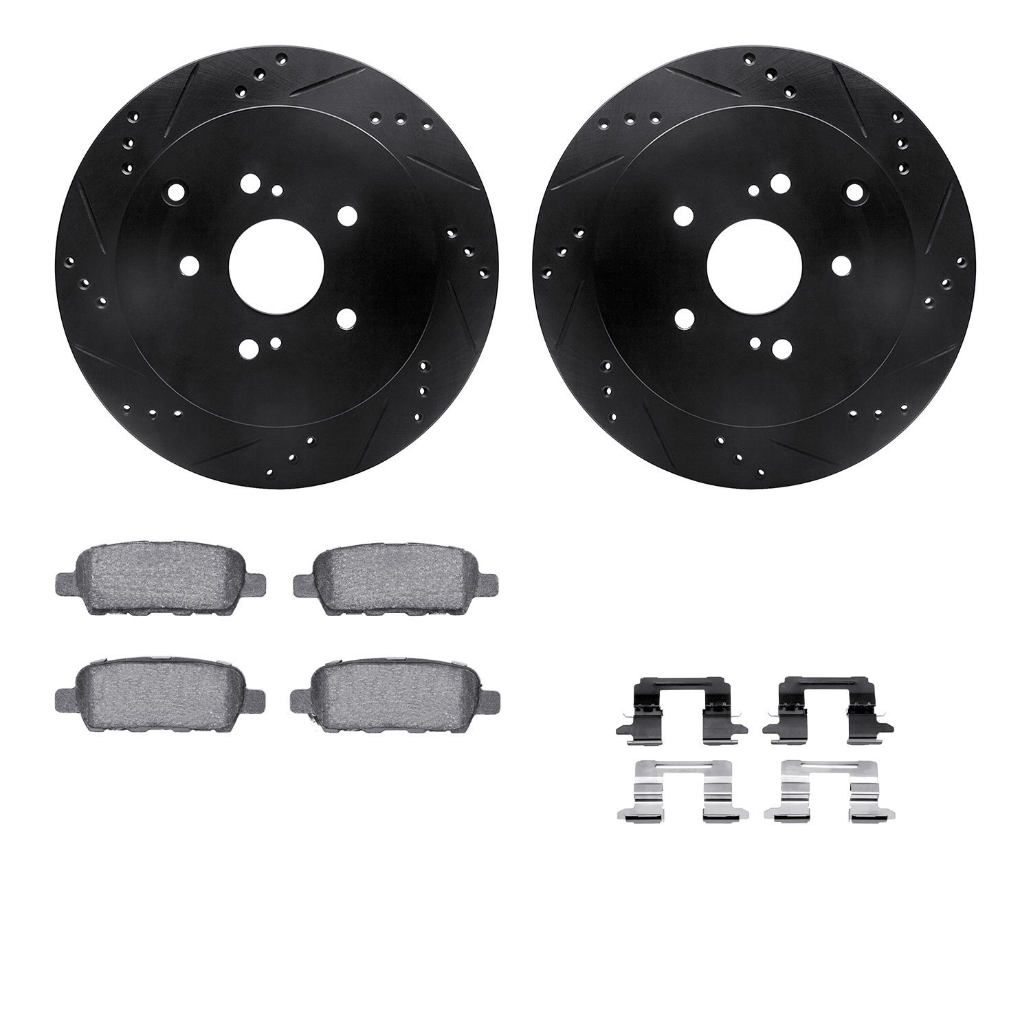 8312-01012 Drilled/Slotted Brake Rotors with 3000-Series Ceramic Brake Pads Kit & Hardware [Black], 2009-2017 Suzuki, Position: