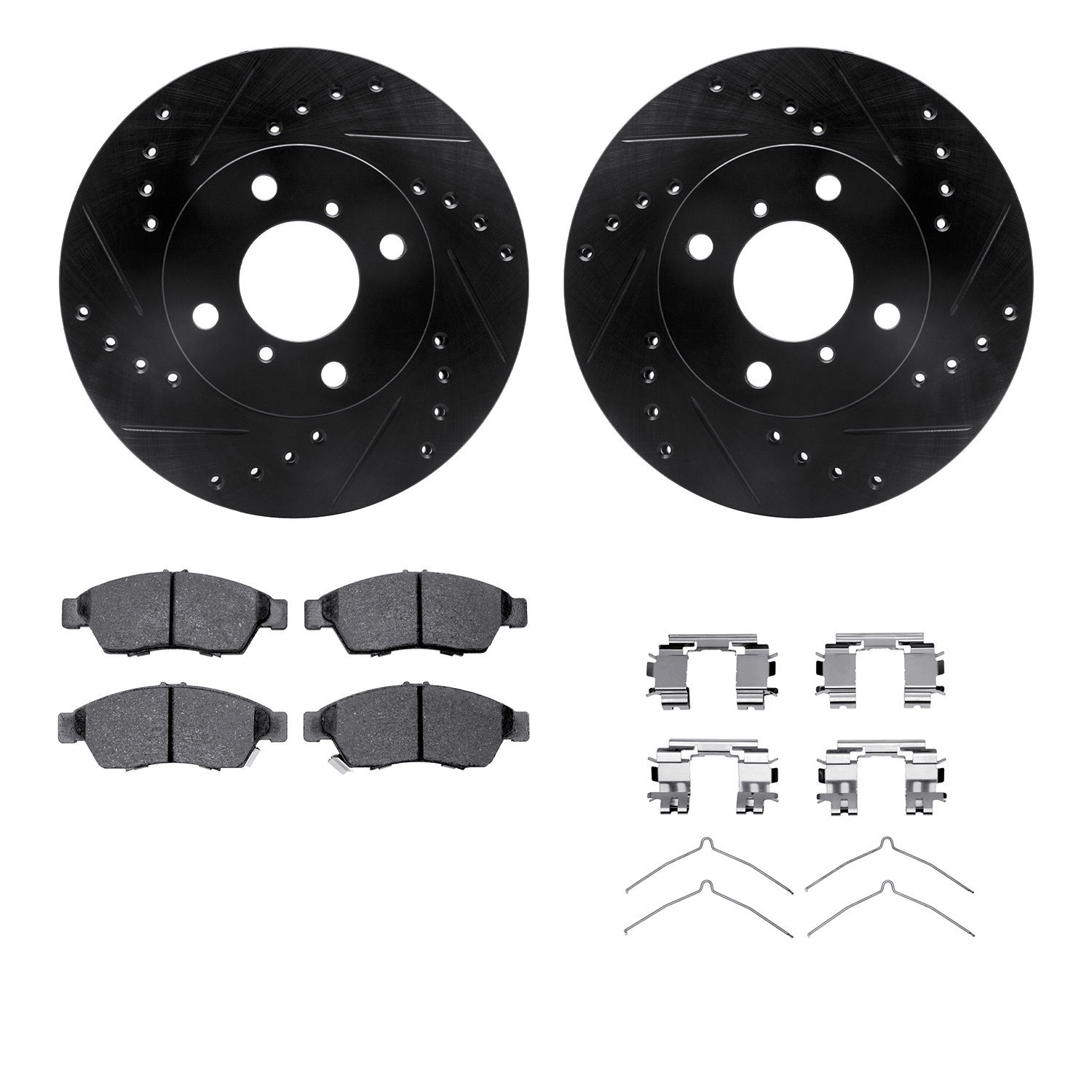 8312-01019 Drilled/Slotted Brake Rotors with 3000-Series Ceramic Brake Pads Kit & Hardware [Black], 2006-2007 Suzuki, Position: