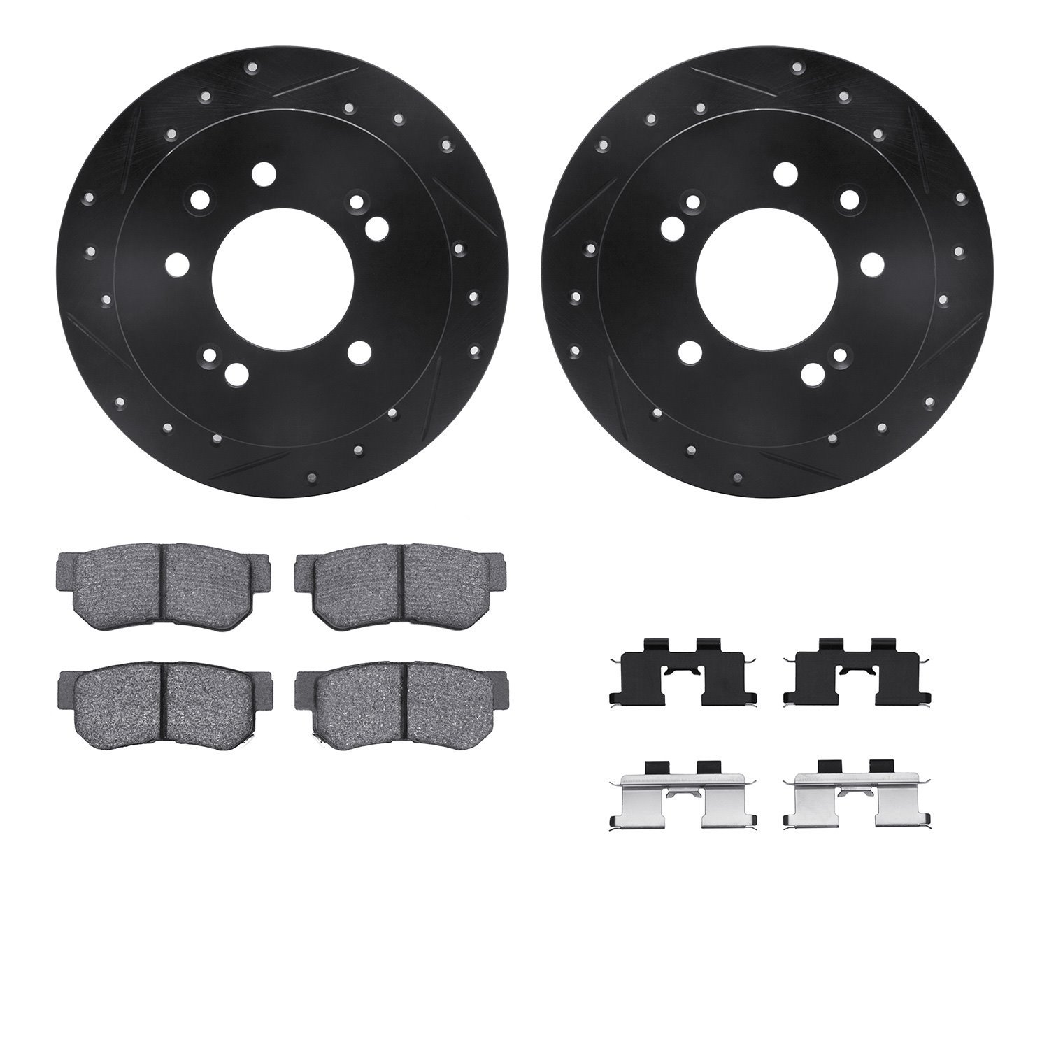 8312-03019 Drilled/Slotted Brake Rotors with 3000-Series Ceramic Brake Pads Kit & Hardware [Black], 2007-2009 Kia/Hyundai/Genesi