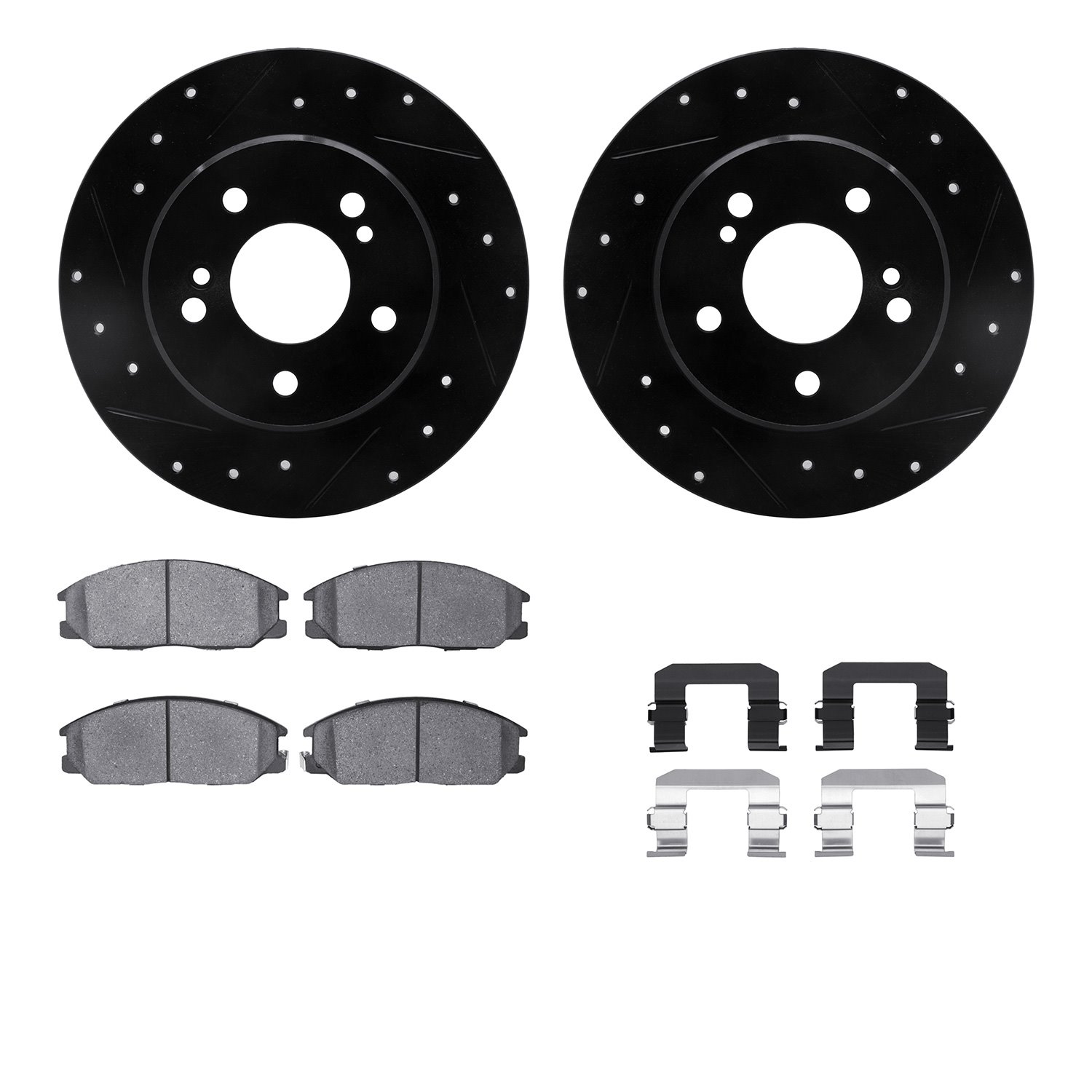 8312-03021 Drilled/Slotted Brake Rotors with 3000-Series Ceramic Brake Pads Kit & Hardware [Black], 2001-2003 Kia/Hyundai/Genesi