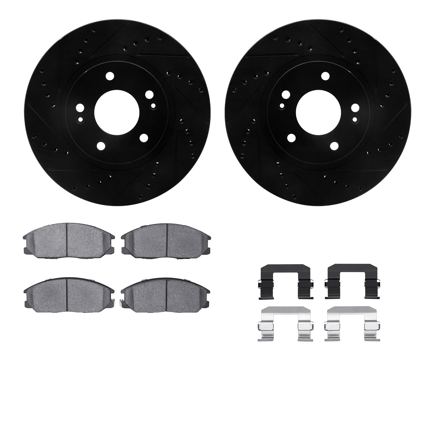 8312-03022 Drilled/Slotted Brake Rotors with 3000-Series Ceramic Brake Pads Kit & Hardware [Black], 2001-2006 Kia/Hyundai/Genesi