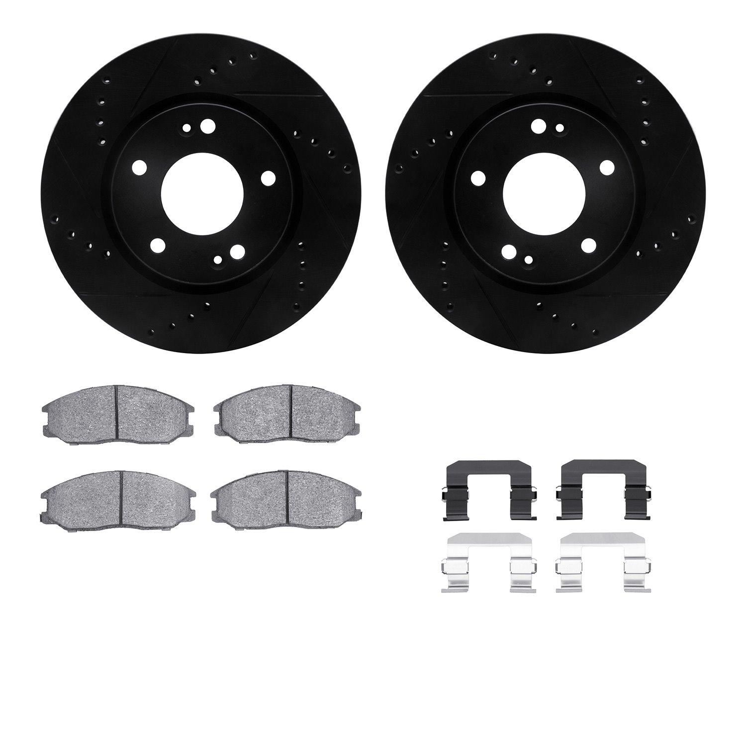 8312-03023 Drilled/Slotted Brake Rotors with 3000-Series Ceramic Brake Pads Kit & Hardware [Black], 2001-2005 Kia/Hyundai/Genesi