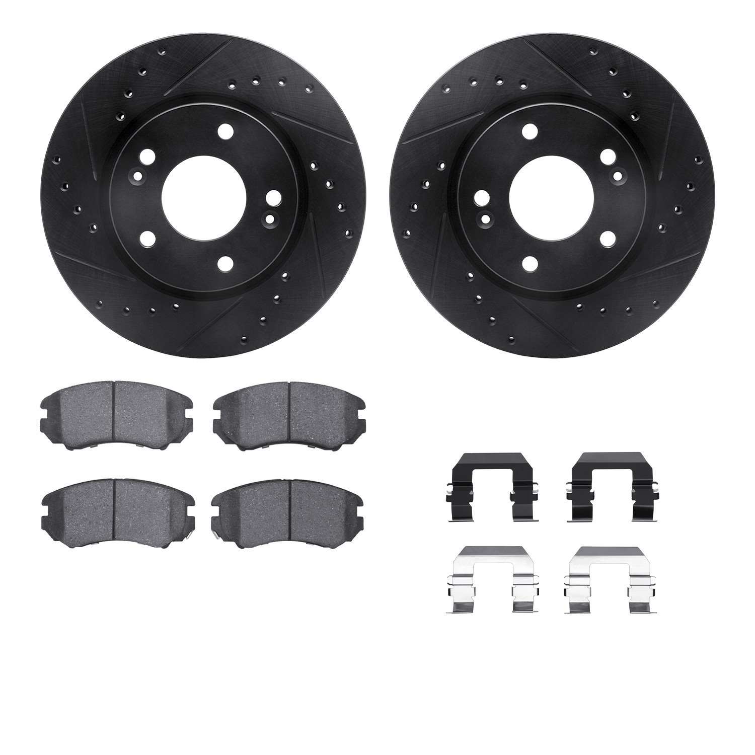 8312-03026 Drilled/Slotted Brake Rotors with 3000-Series Ceramic Brake Pads Kit & Hardware [Black], 2007-2010 Kia/Hyundai/Genesi