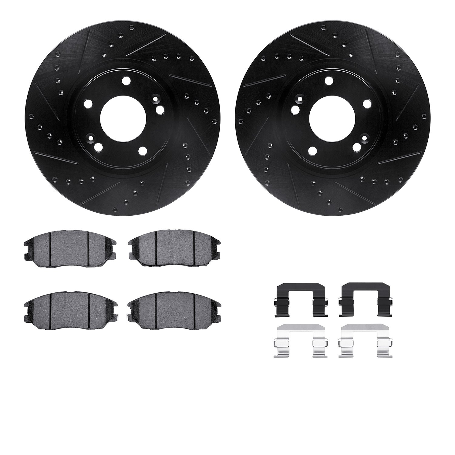 8312-03027 Drilled/Slotted Brake Rotors with 3000-Series Ceramic Brake Pads Kit & Hardware [Black], 2004-2006 Kia/Hyundai/Genesi