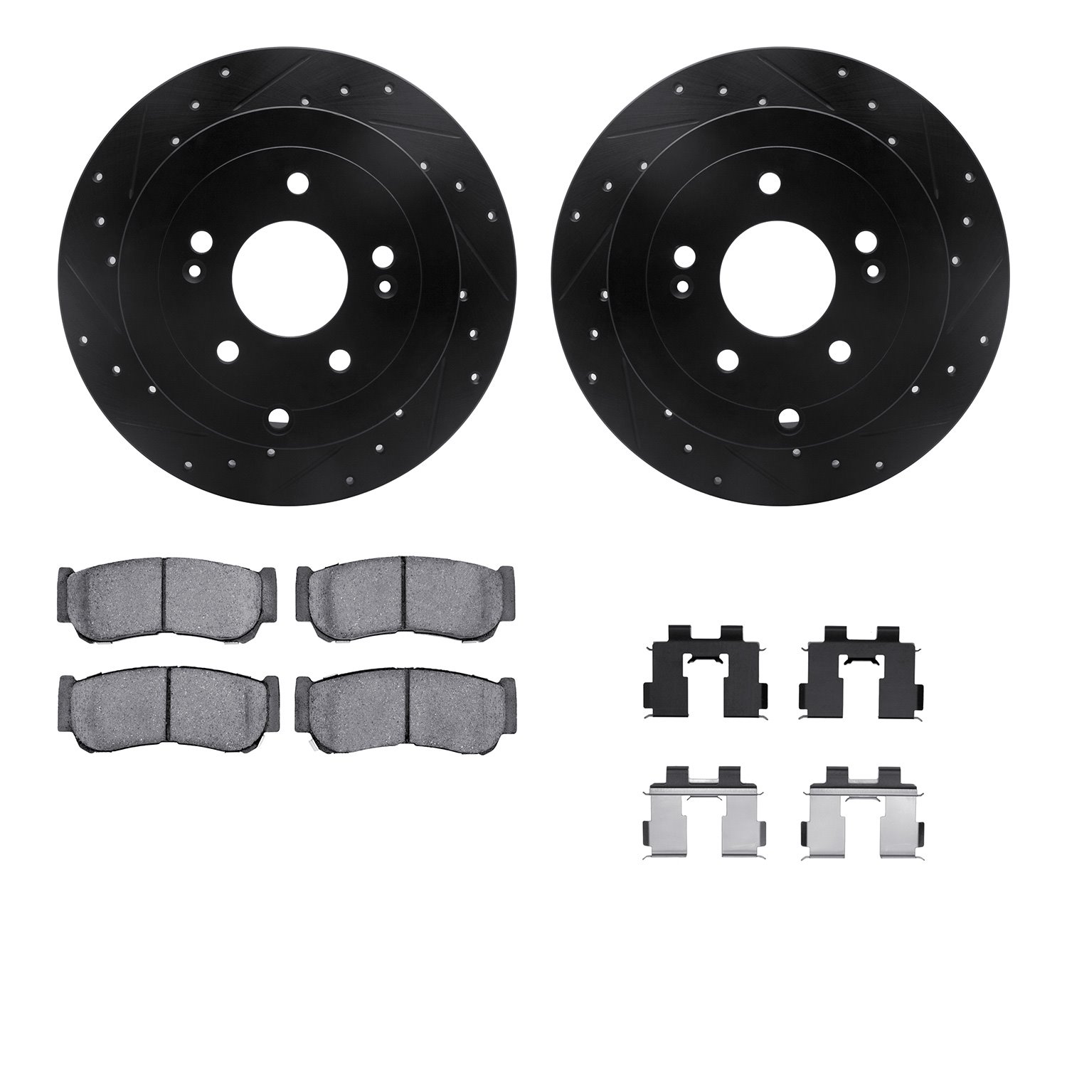 8312-03046 Drilled/Slotted Brake Rotors with 3000-Series Ceramic Brake Pads Kit & Hardware [Black], 2007-2009 Kia/Hyundai/Genesi