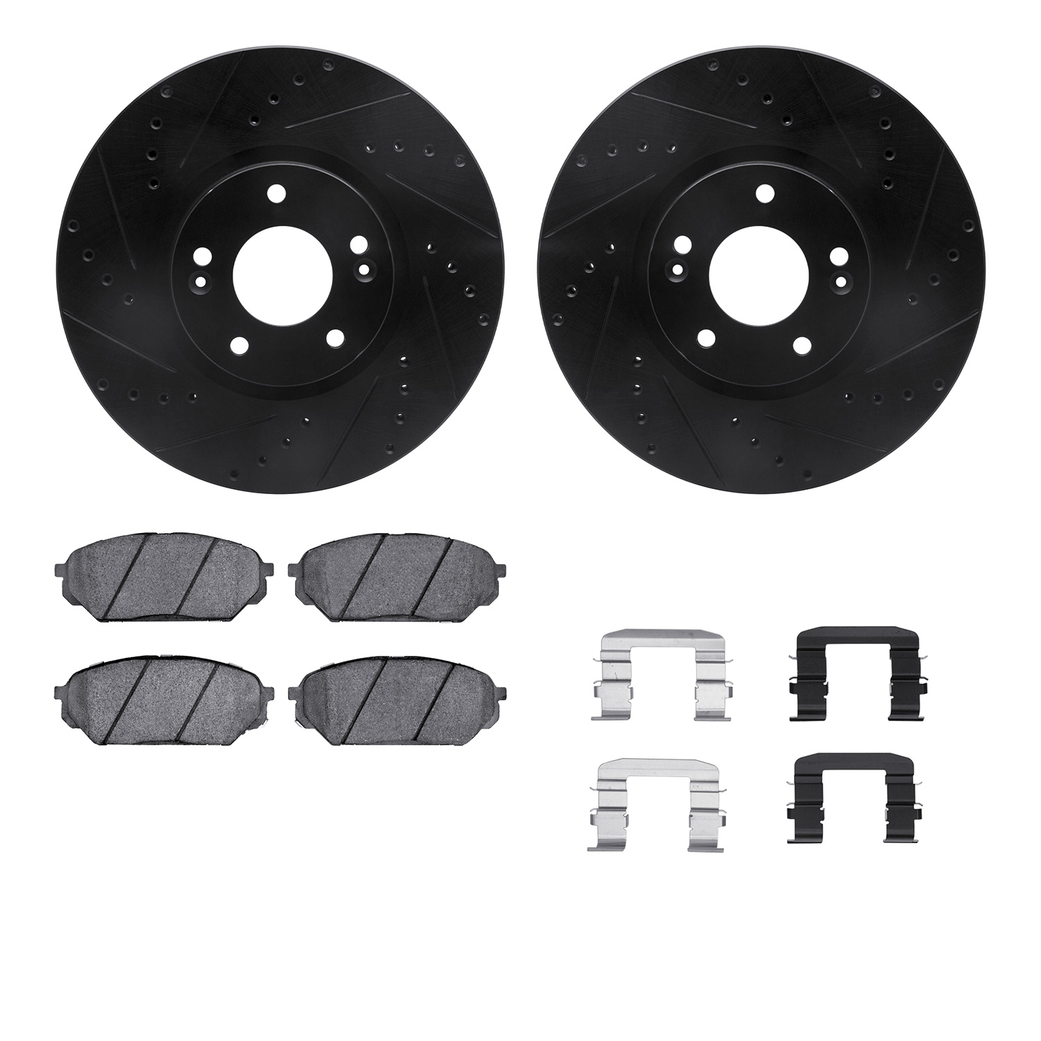 8312-03047 Drilled/Slotted Brake Rotors with 3000-Series Ceramic Brake Pads Kit & Hardware [Black], 2007-2012 Kia/Hyundai/Genesi