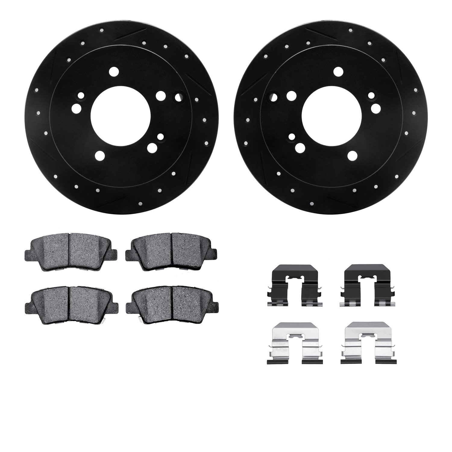8312-03050 Drilled/Slotted Brake Rotors with 3000-Series Ceramic Brake Pads Kit & Hardware [Black], 2008-2010 Kia/Hyundai/Genesi