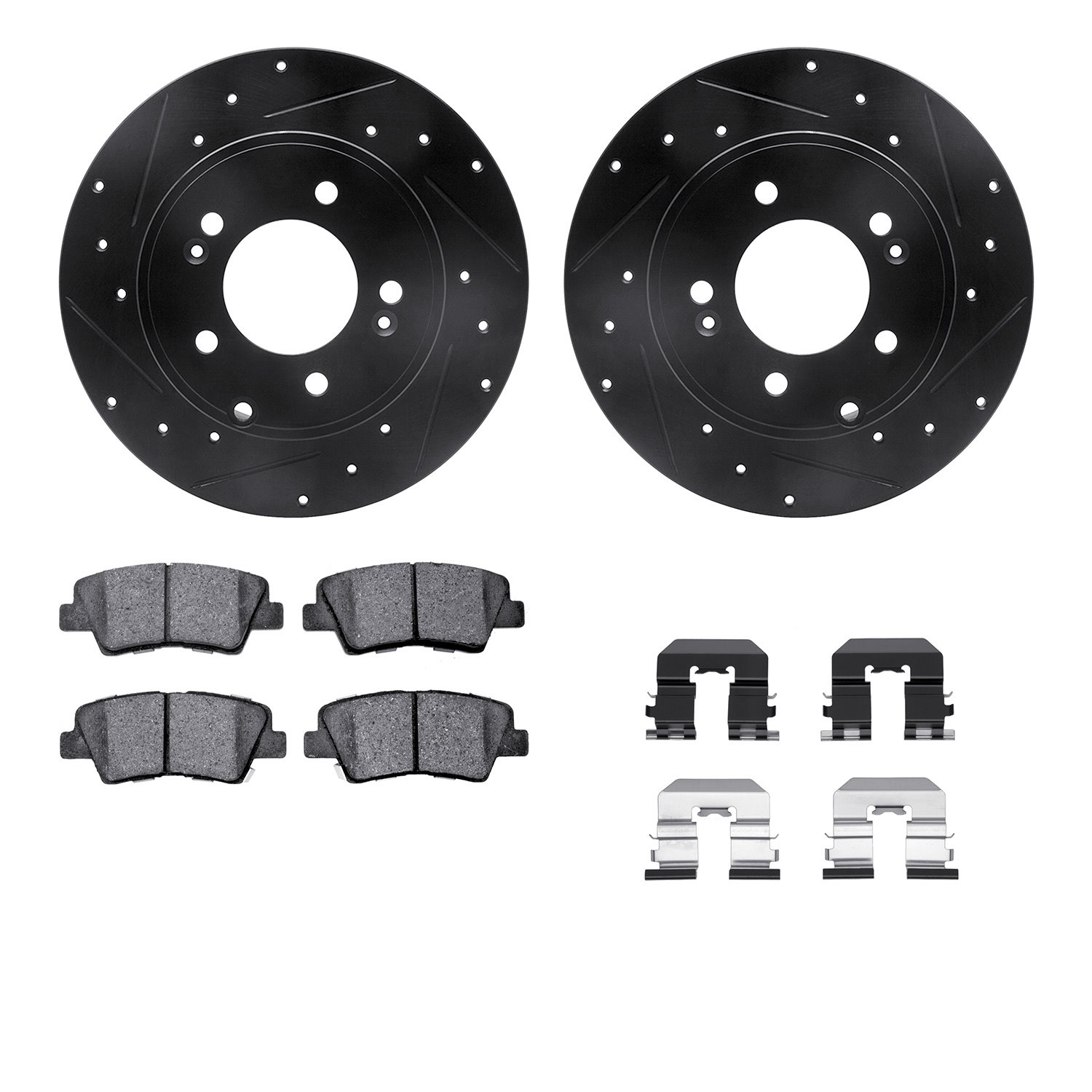 8312-03051 Drilled/Slotted Brake Rotors with 3000-Series Ceramic Brake Pads Kit & Hardware [Black], 2008-2011 Kia/Hyundai/Genesi