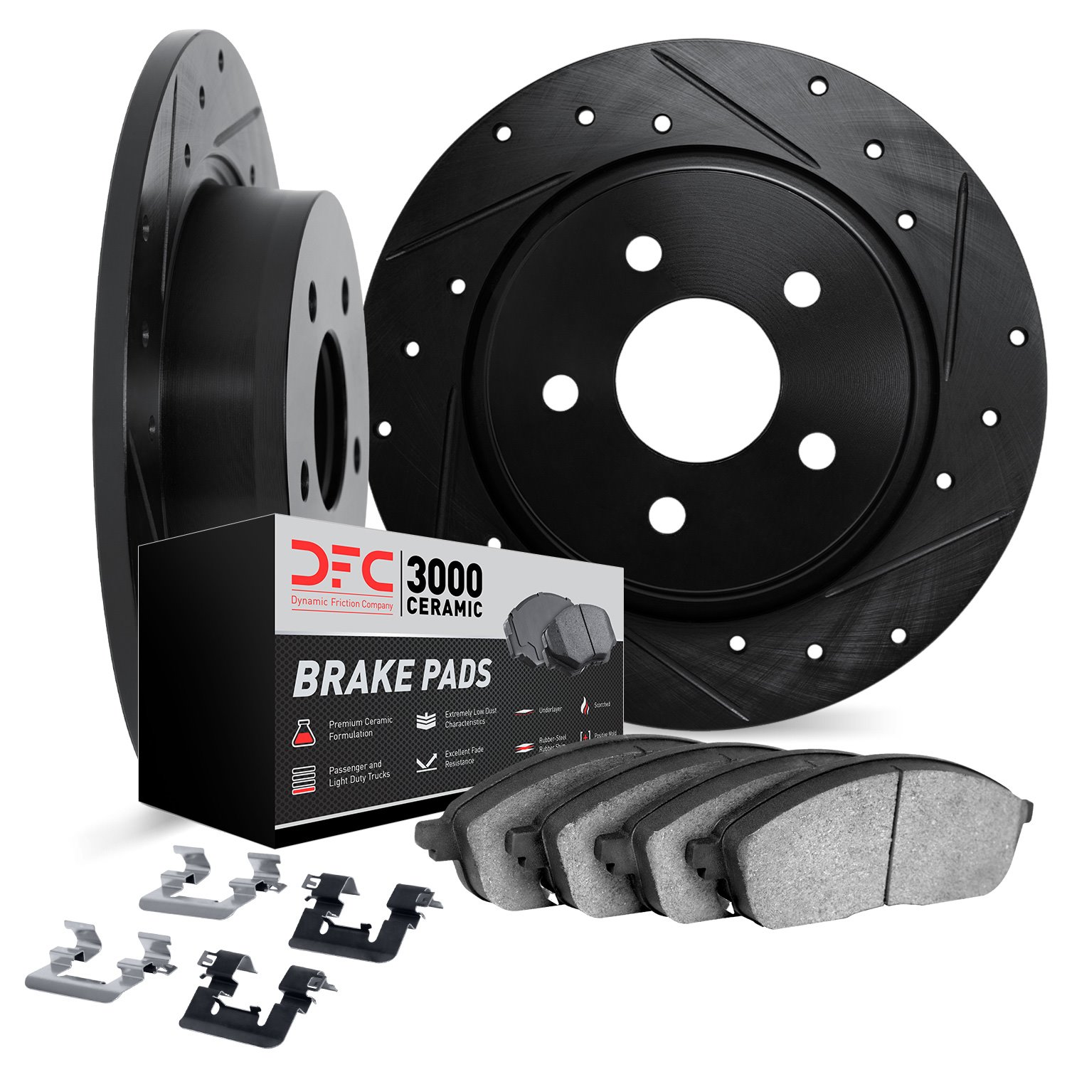 8312-03052 Drilled/Slotted Brake Rotors with 3000-Series Ceramic Brake Pads Kit & Hardware [Black], 2007-2009 Kia/Hyundai/Genesi