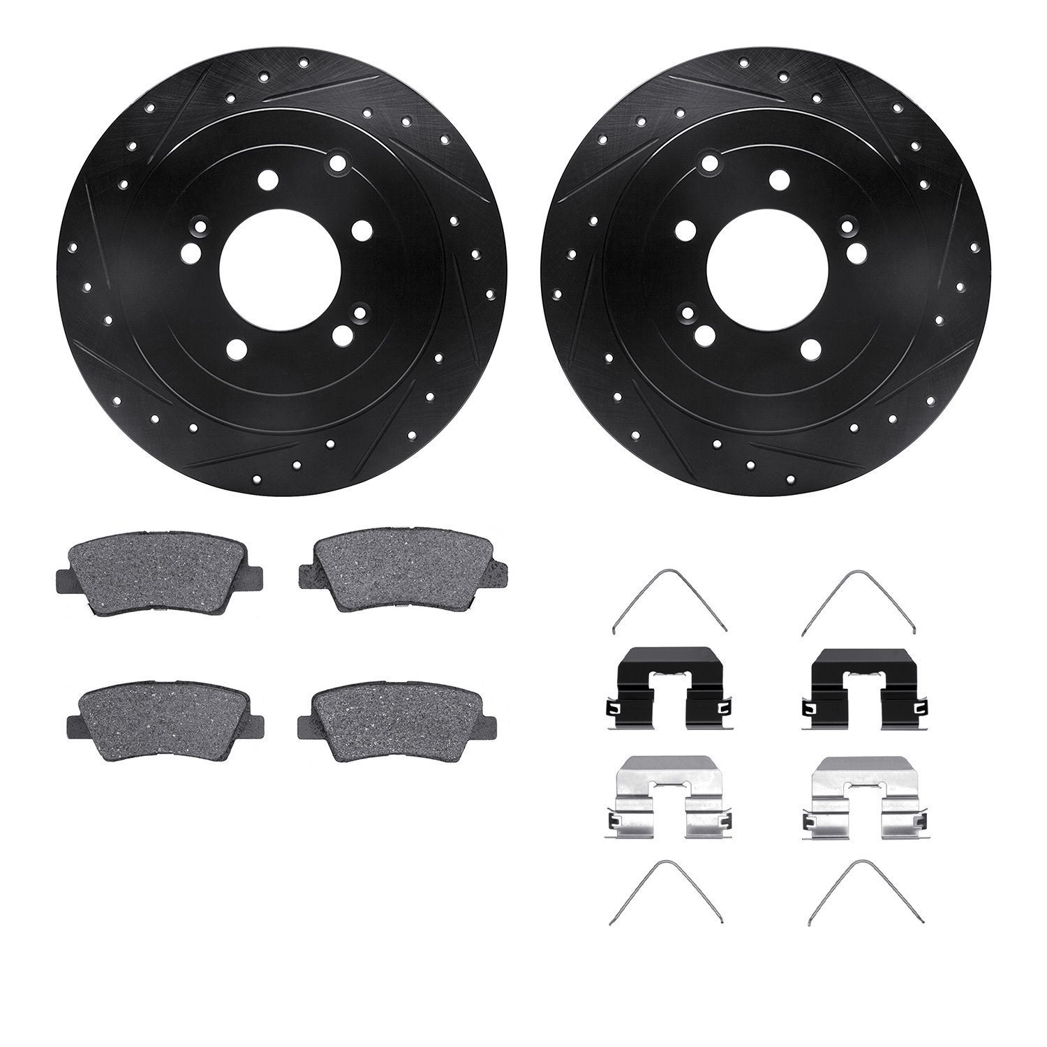 8312-03093 Drilled/Slotted Brake Rotors with 3000-Series Ceramic Brake Pads Kit & Hardware [Black], Fits Select Kia/Hyundai/Gene