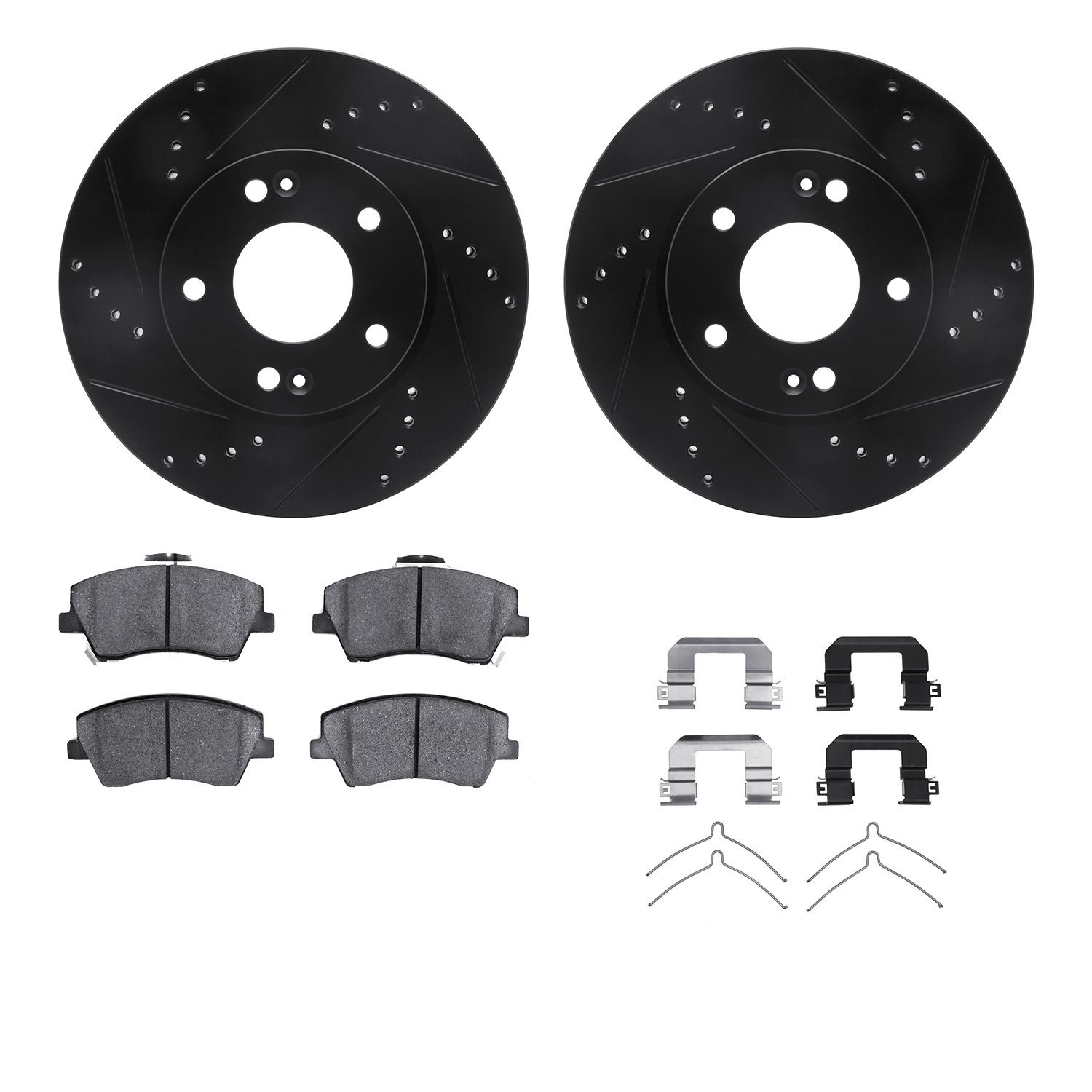 8312-03097 Drilled/Slotted Brake Rotors with 3000-Series Ceramic Brake Pads Kit & Hardware [Black], 2017-2020 Kia/Hyundai/Genesi