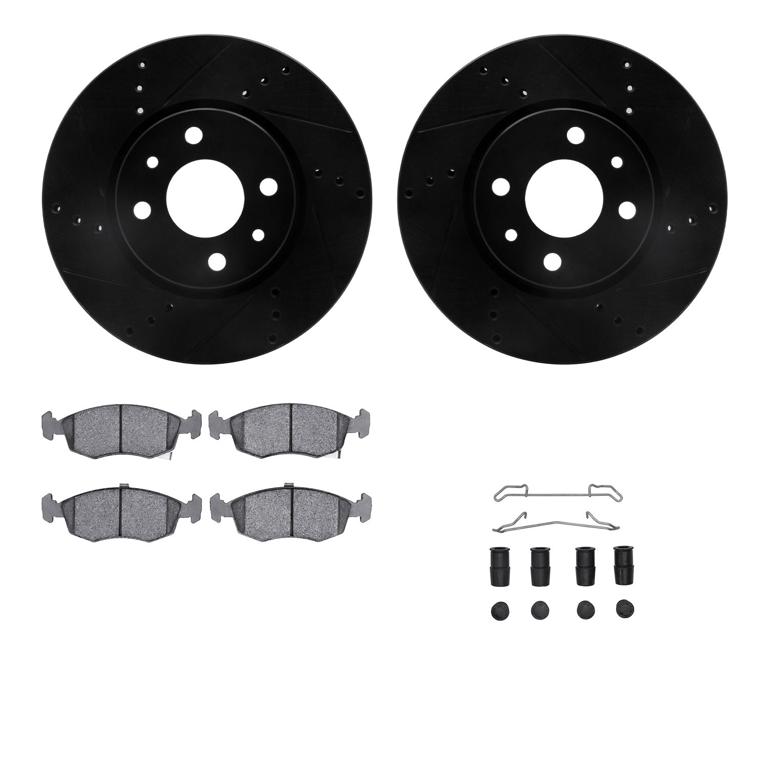 8312-07004 Drilled/Slotted Brake Rotors with 3000-Series Ceramic Brake Pads Kit & Hardware [Black], 2012-2019 Mopar, Position: F