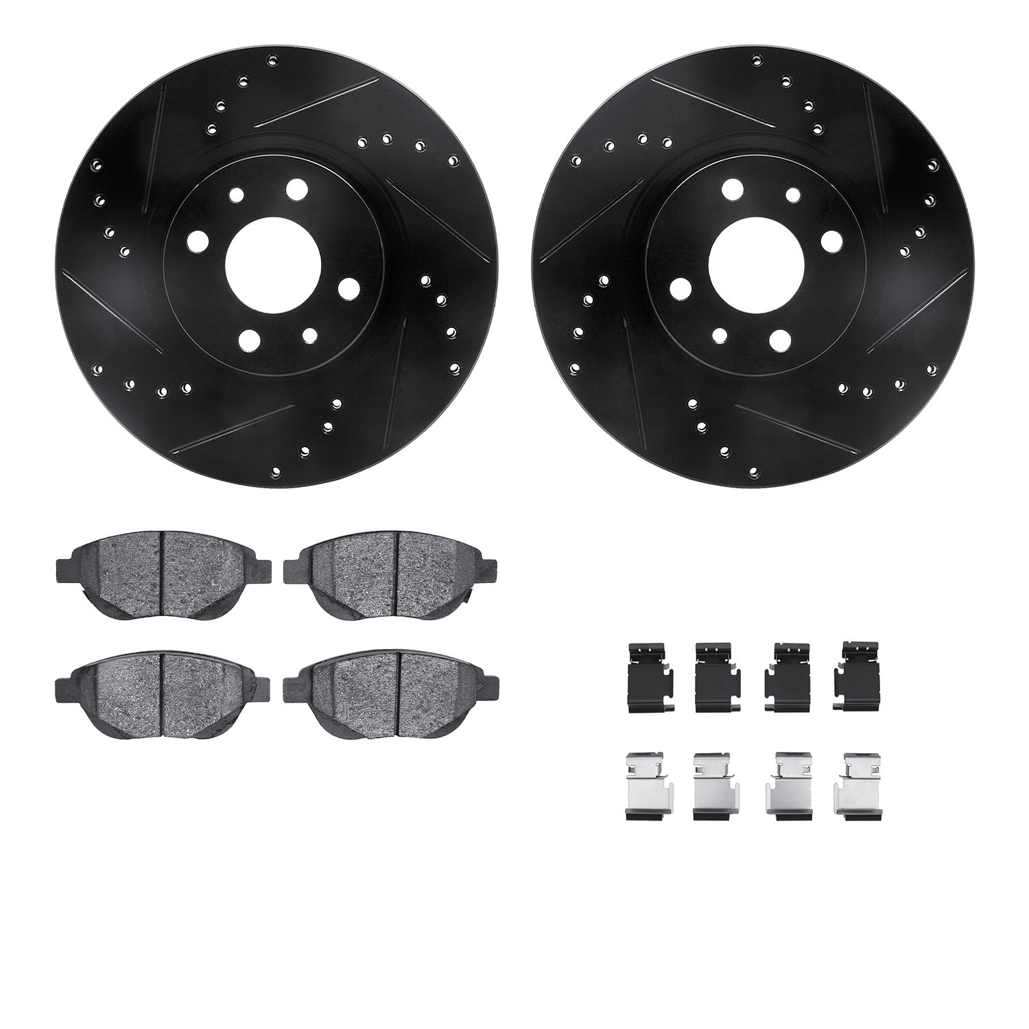 8312-07010 Drilled/Slotted Brake Rotors with 3000-Series Ceramic Brake Pads Kit & Hardware [Black], 2012-2019 Mopar, Position: F