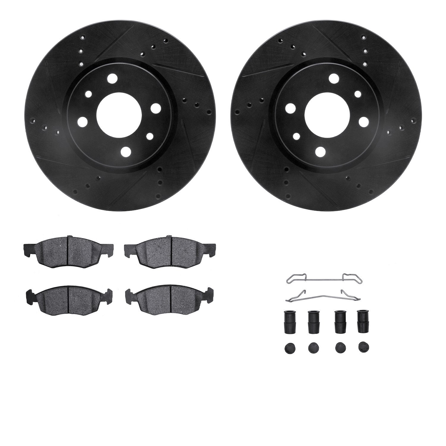 8312-07011 Drilled/Slotted Brake Rotors with 3000-Series Ceramic Brake Pads Kit & Hardware [Black], 2015-2018 Mopar, Position: F