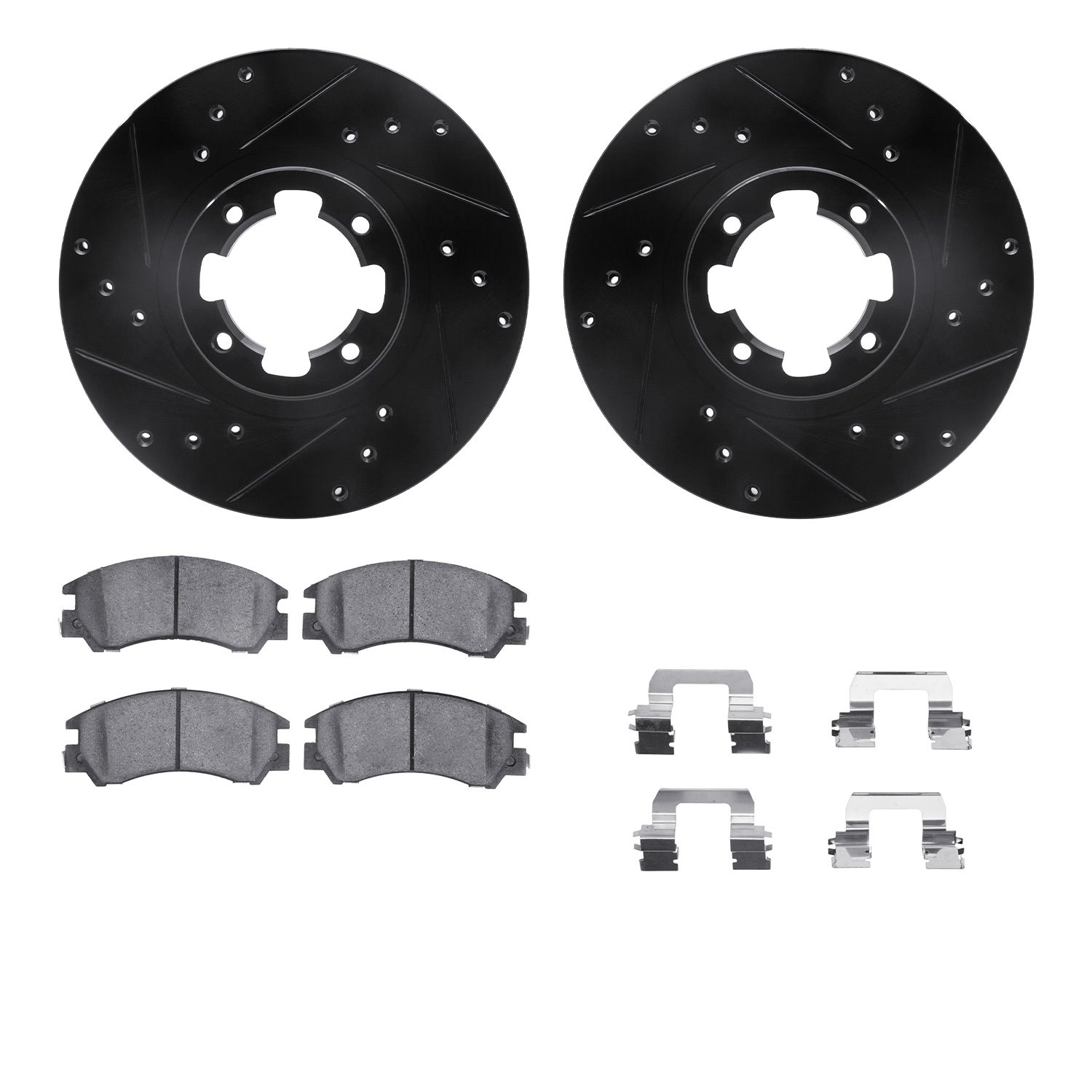 8312-13005 Drilled/Slotted Brake Rotors with 3000-Series Ceramic Brake Pads Kit & Hardware [Black], 1985-1994 Subaru, Position: