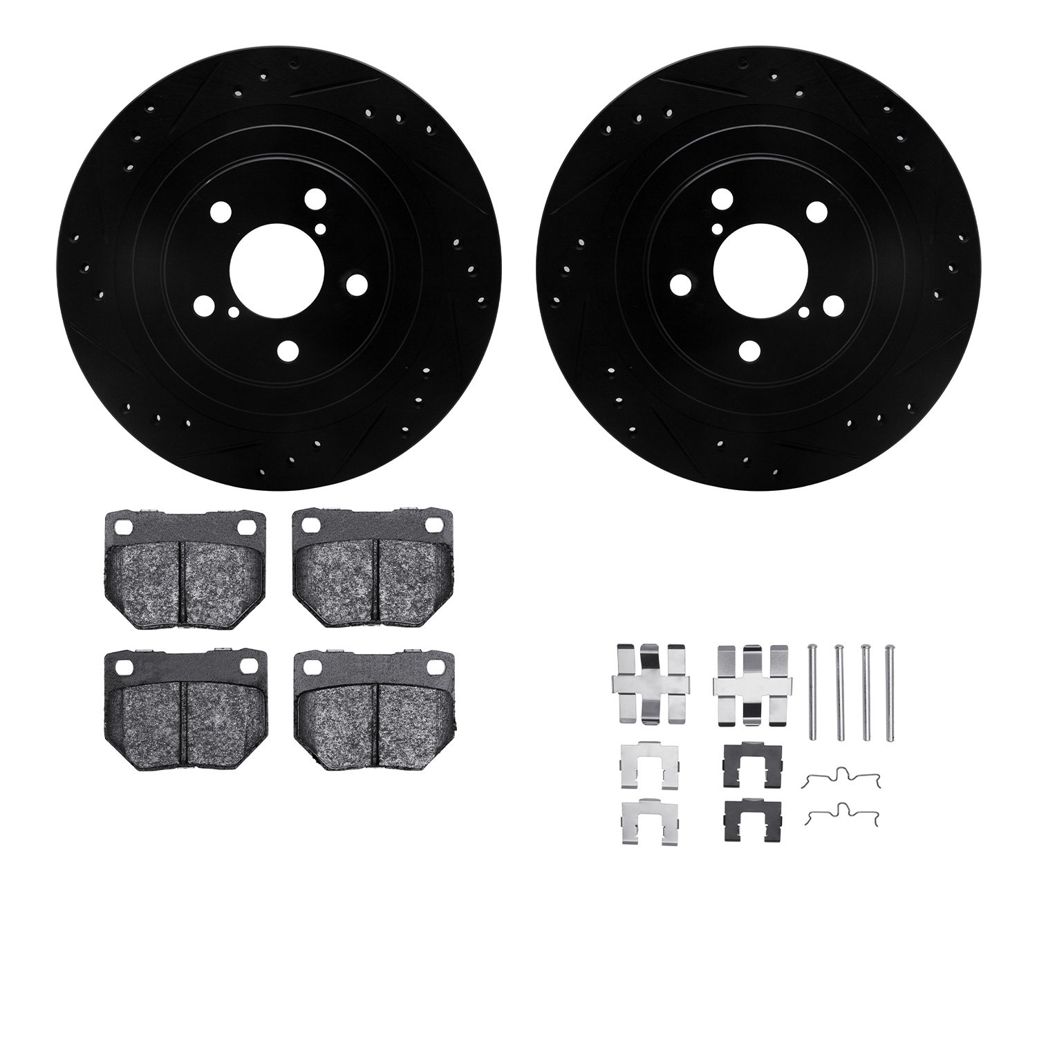 8312-13011 Drilled/Slotted Brake Rotors with 3000-Series Ceramic Brake Pads Kit & Hardware [Black], 2006-2007 Subaru, Position: