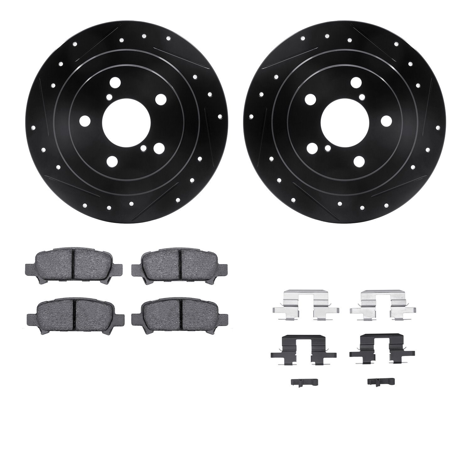 8312-13024 Drilled/Slotted Brake Rotors with 3000-Series Ceramic Brake Pads Kit & Hardware [Black], 1998-2003 Subaru, Position: